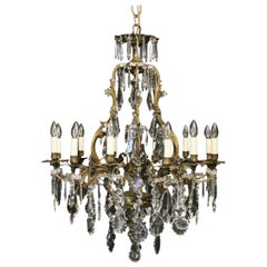 French Gilded Bronze & Crystal 12 Light Birdcage Antique Chandelier