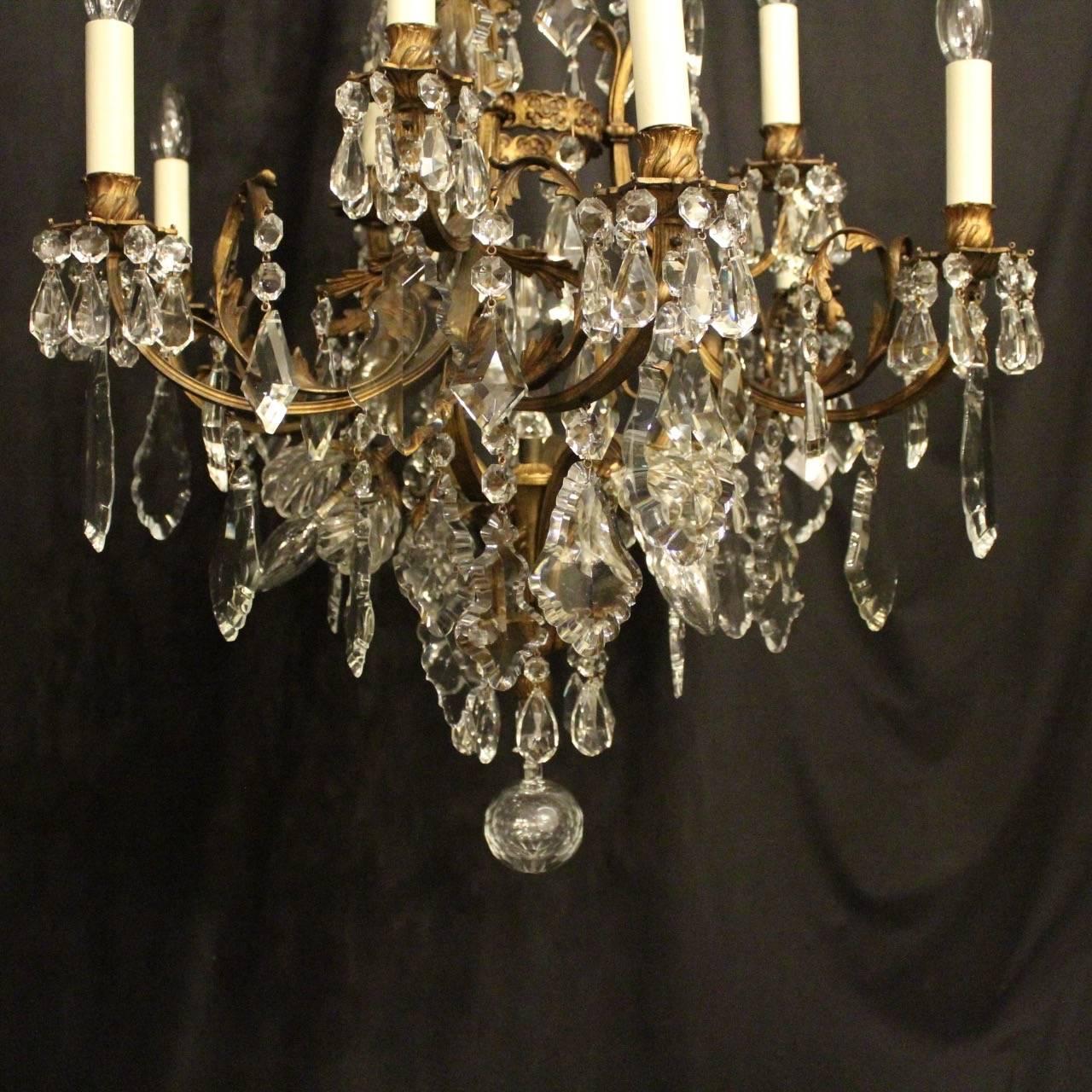 French Gilded Bronze & Crystal 13 Light Birdcage Antique Chandelier For Sale 1