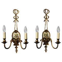 French Gilded Bronze and Porcelain Twin Arm Antique Lights