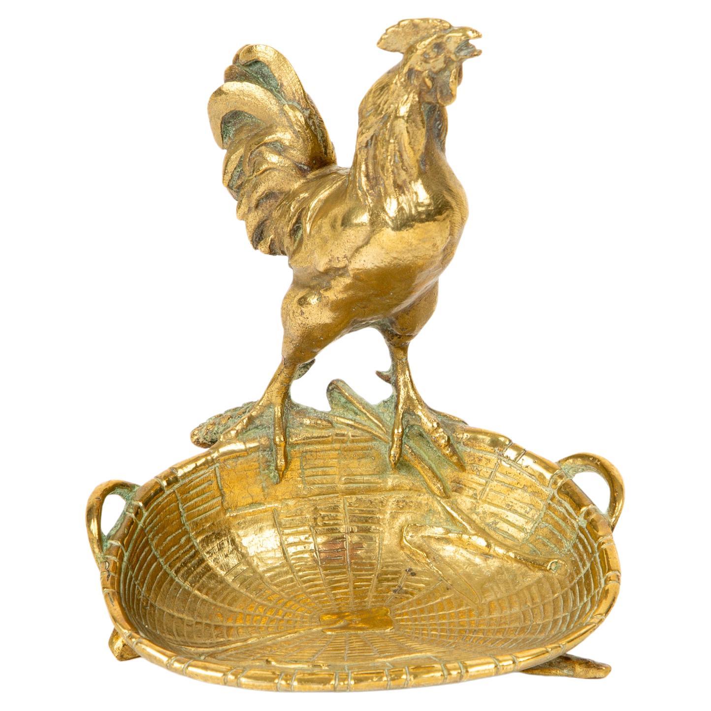 French Gilded Bronze Rooster Vide-Poche on Basket Base