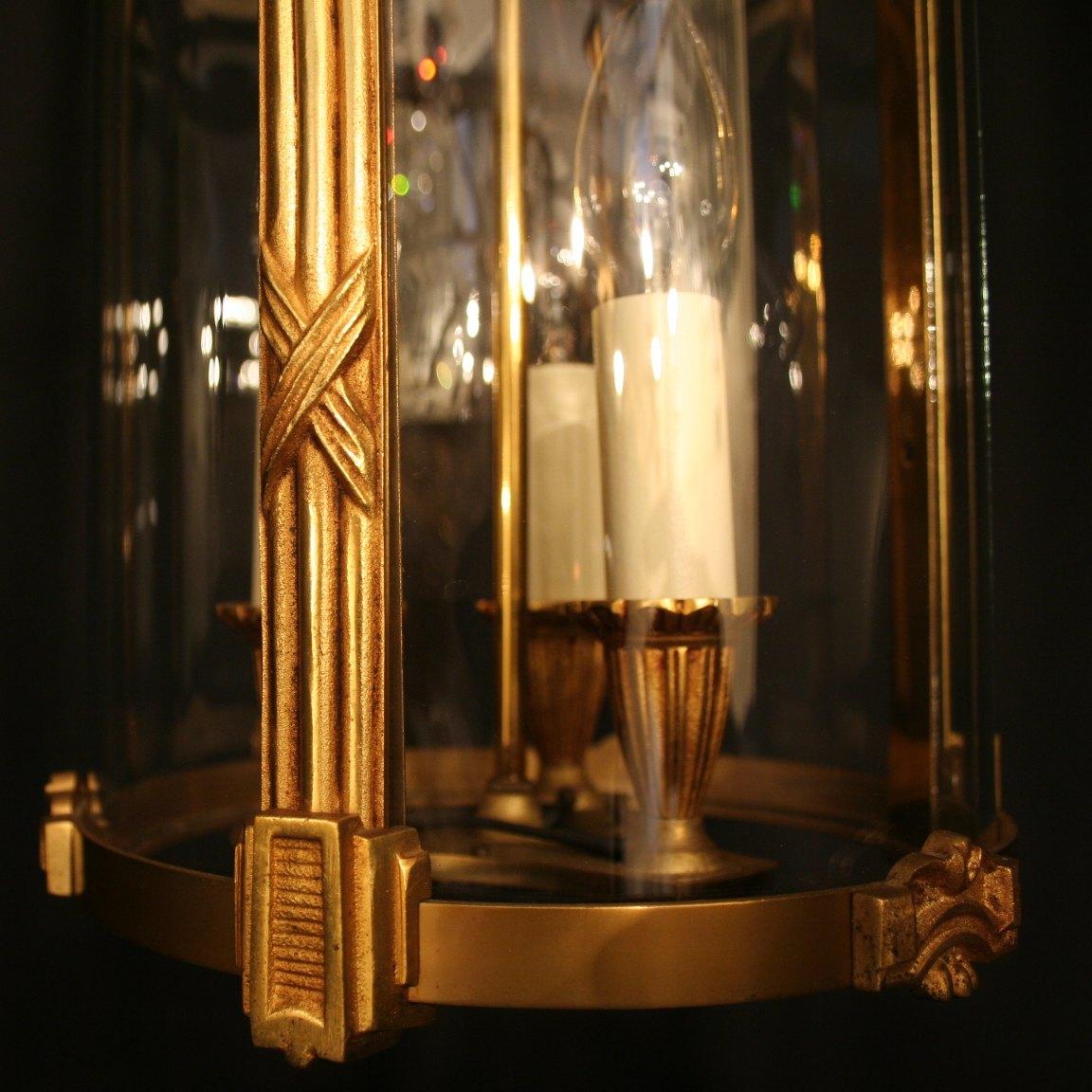 French Gilded Bronze Triple Light Antique Convex Hall Lantern 5