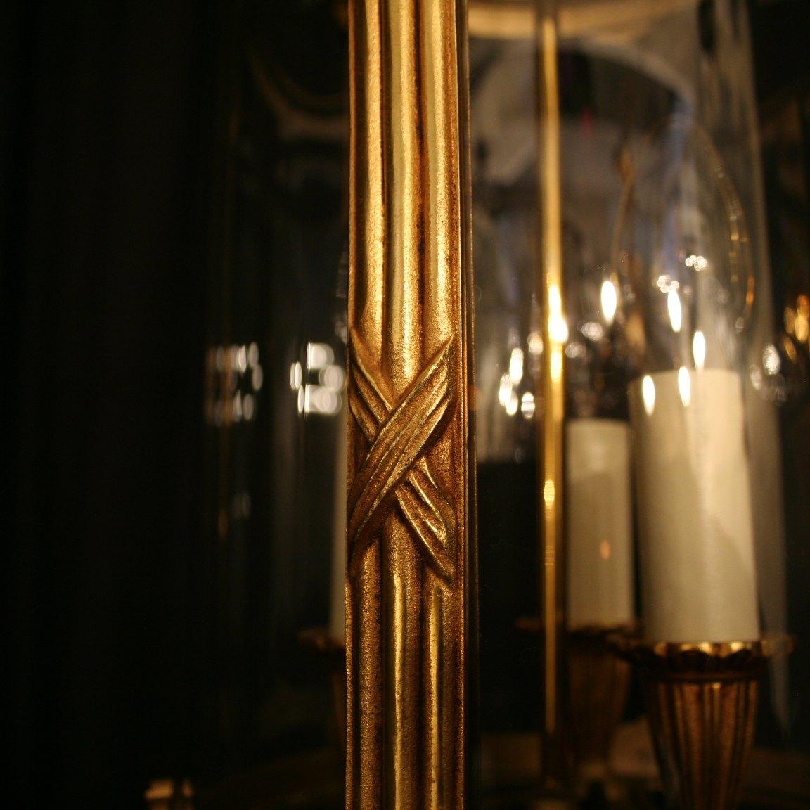 French Gilded Bronze Triple Light Antique Convex Hall Lantern 6