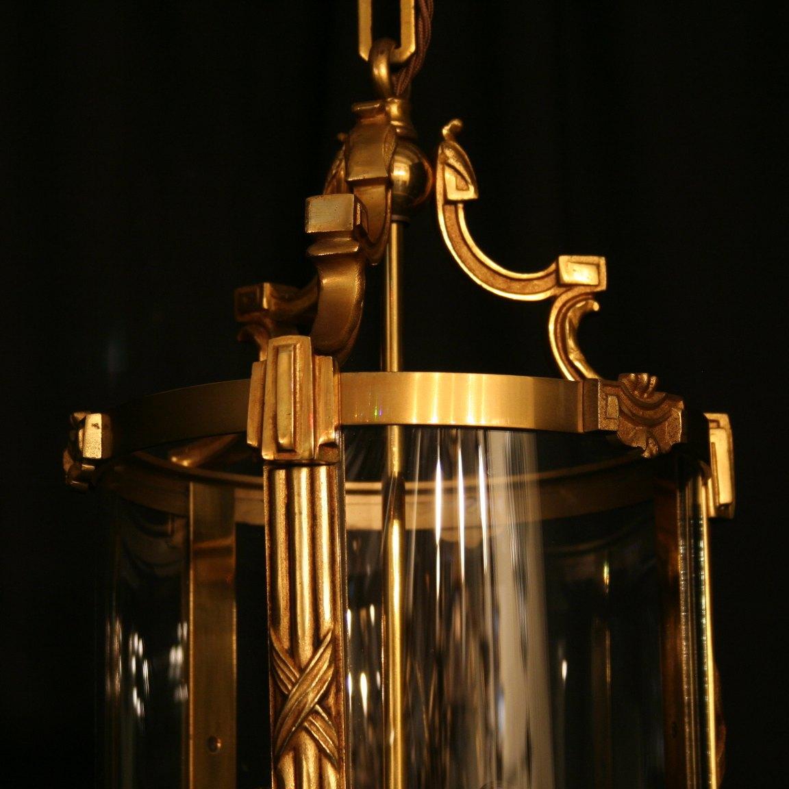20th Century French Gilded Bronze Triple Light Antique Convex Hall Lantern