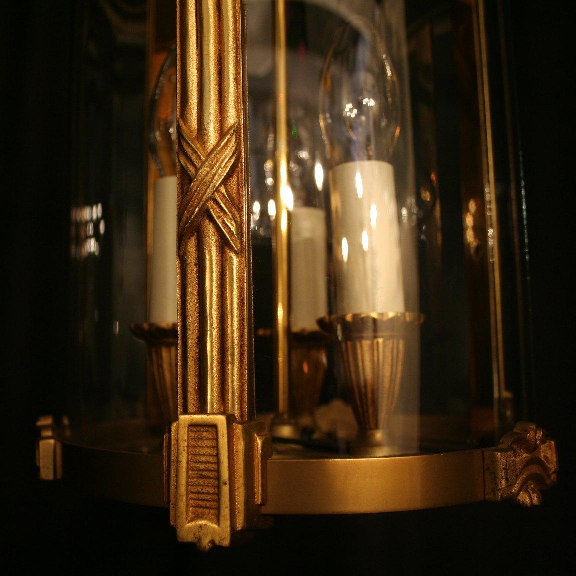 French Gilded Bronze Triple Light Antique Convex Hall Lantern 1