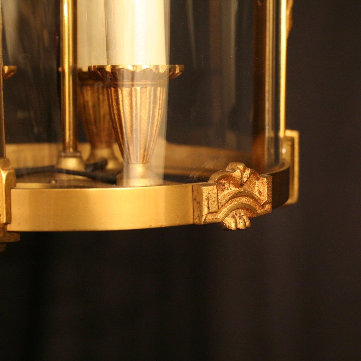 French Gilded Bronze Triple Light Antique Convex Hall Lantern 2