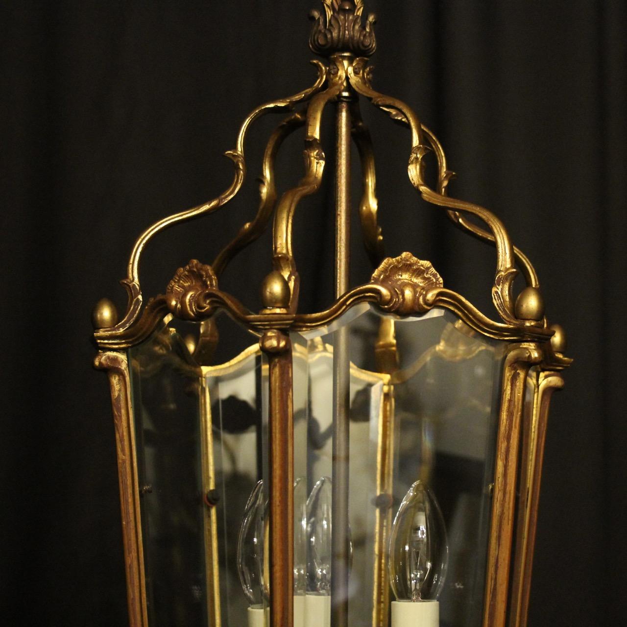 Gilt French Gilded Bronze Triple Light Antique Lantern For Sale