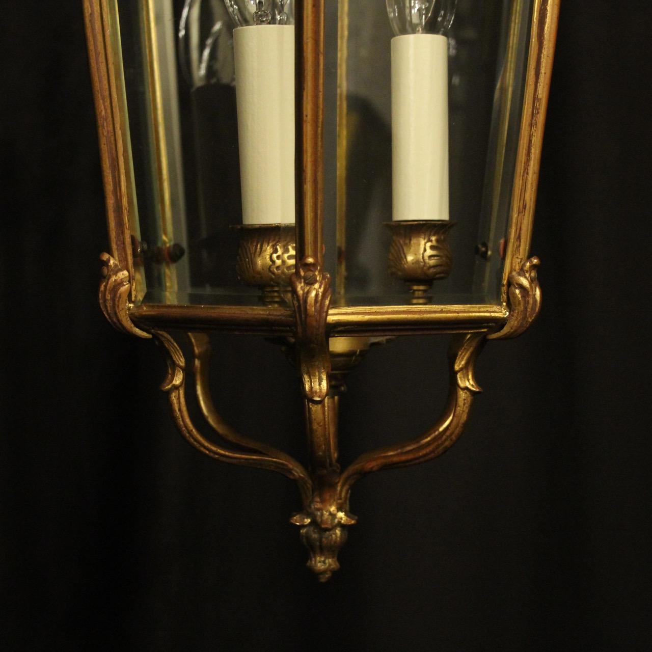 French Gilded Bronze Triple Light Antique Lantern For Sale 3