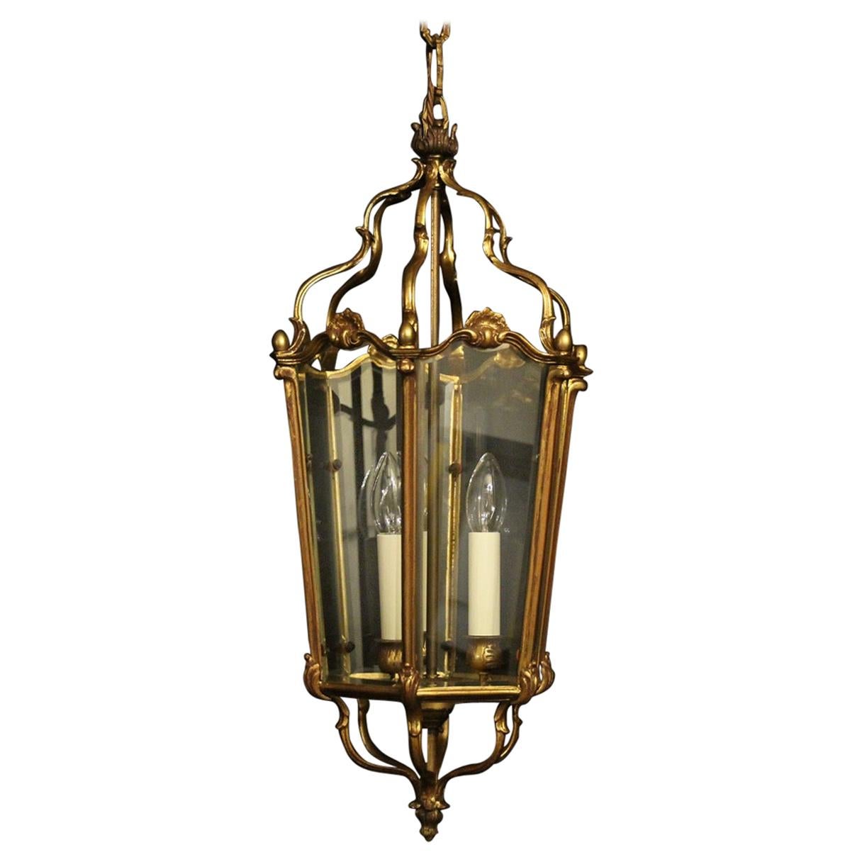 French Gilded Bronze Triple Light Antique Lantern For Sale