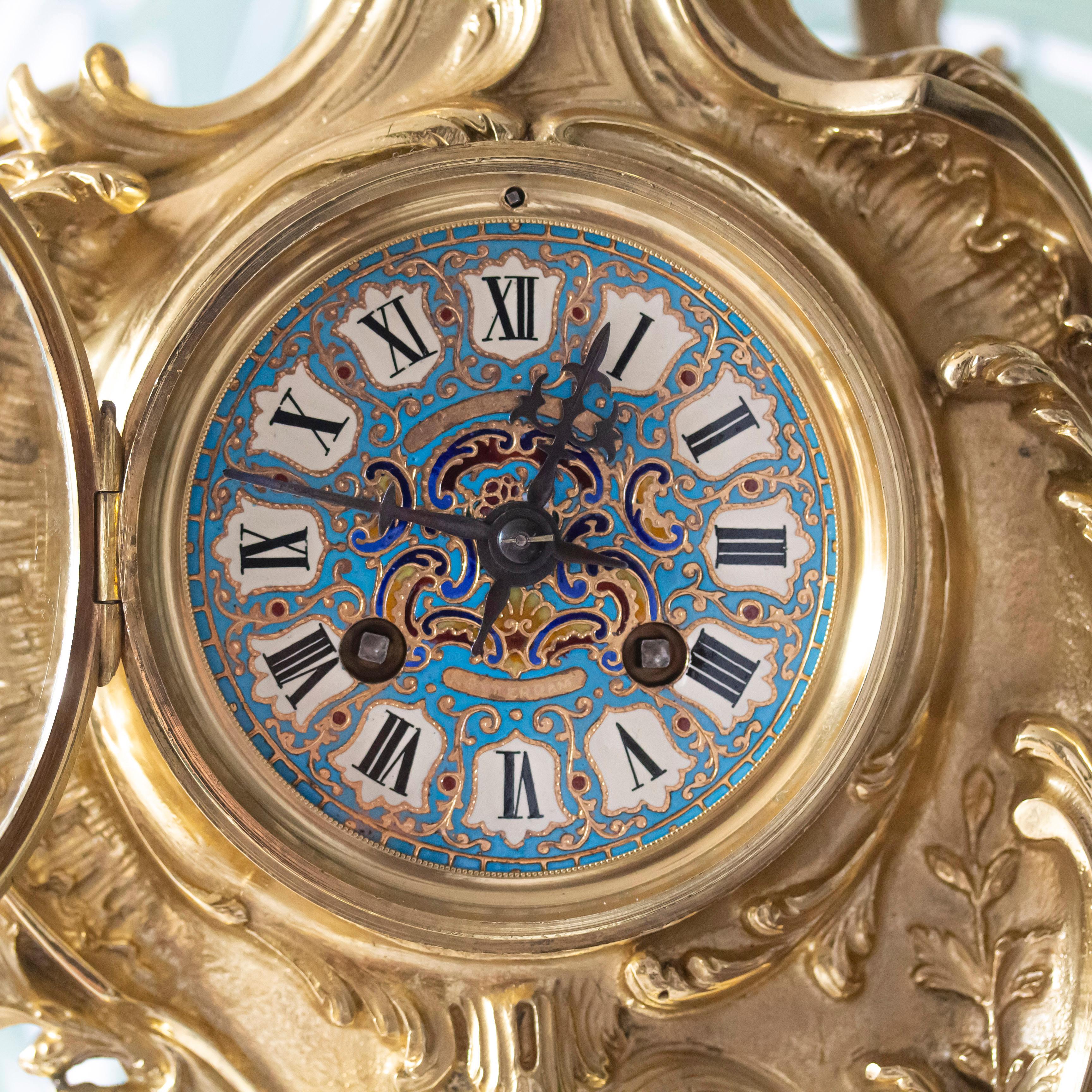 French Gilded & Champleve Clock Garniture For Sale 5