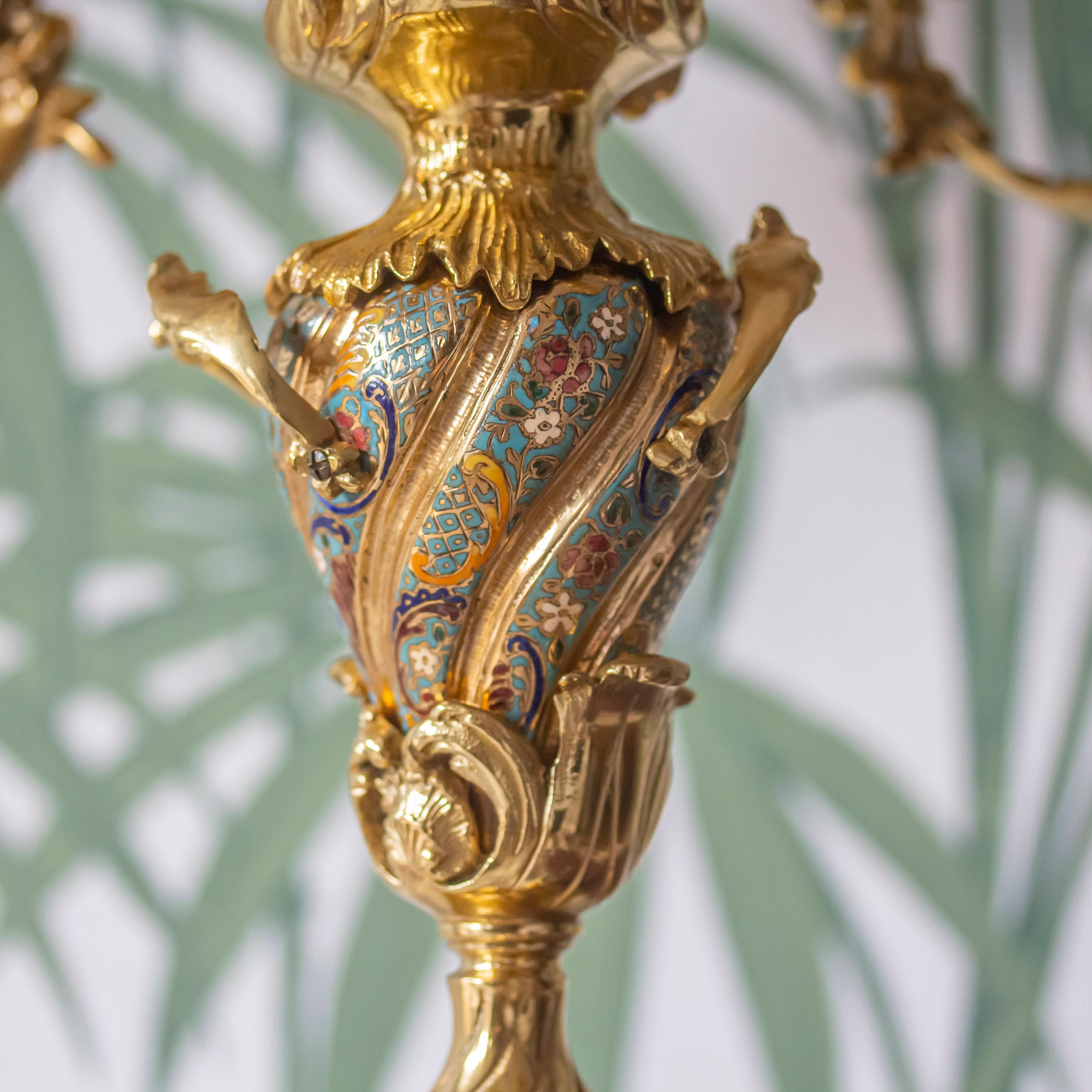 French Gilded & Champleve Clock Garniture For Sale 10