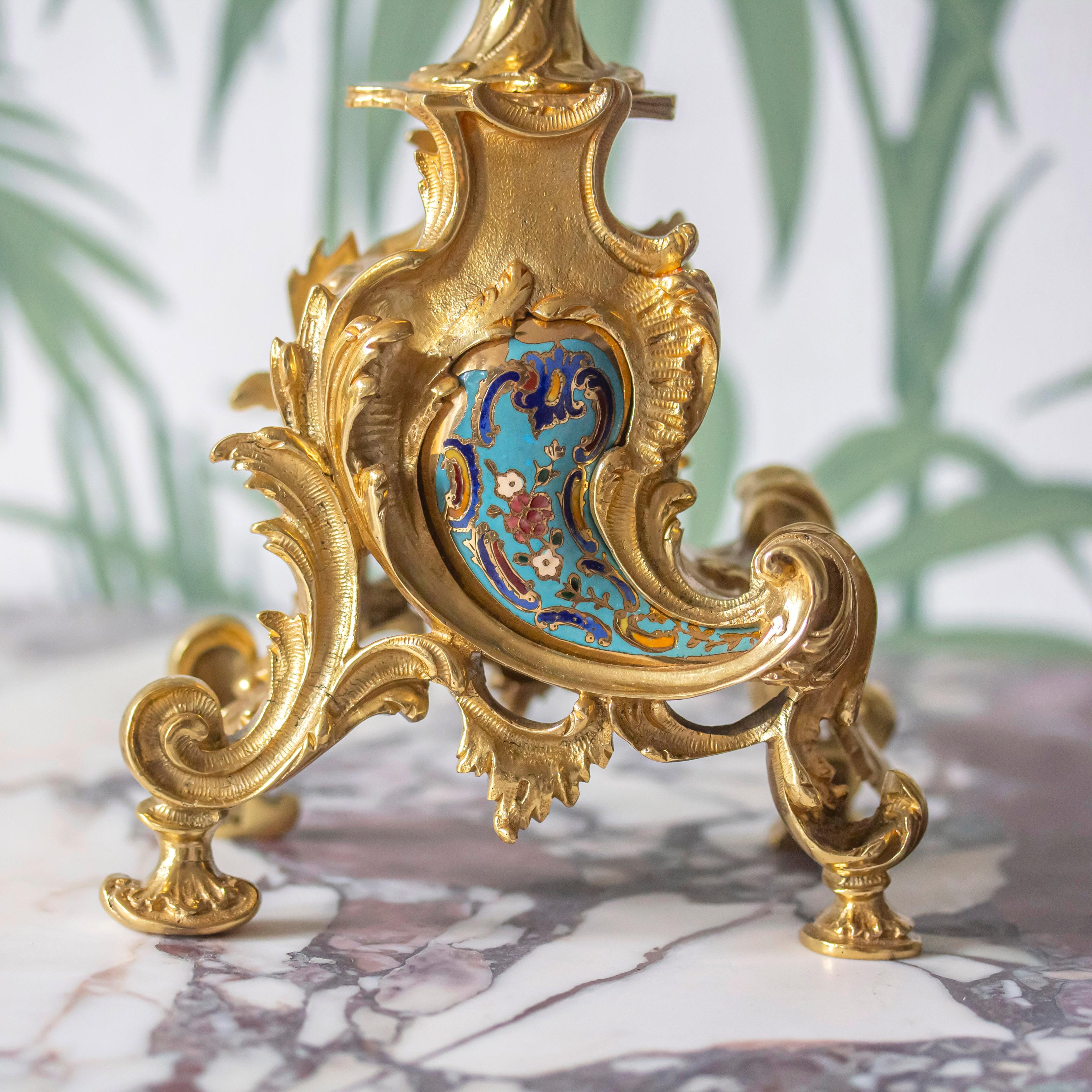 French Gilded & Champleve Clock Garniture For Sale 11