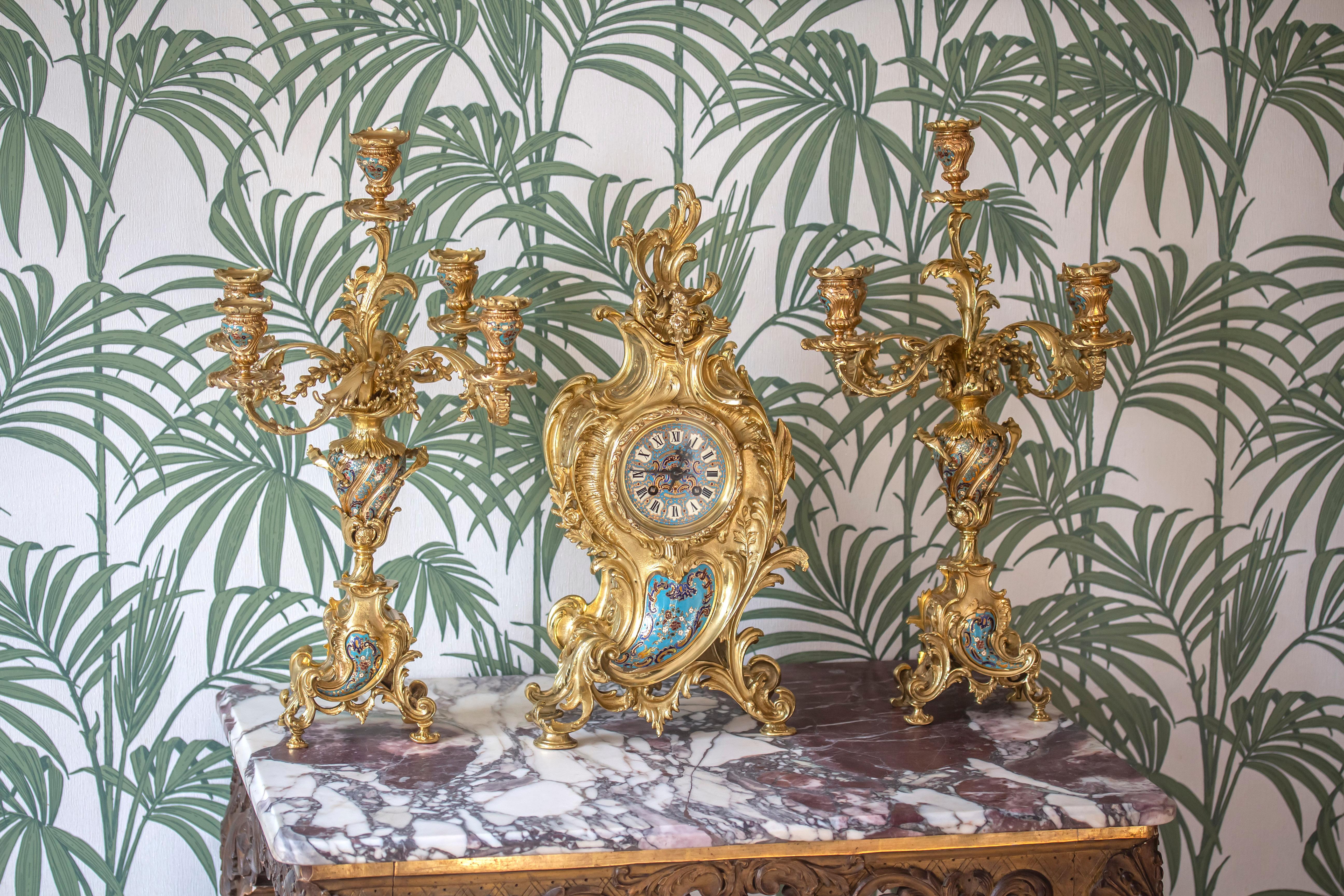 Napoleon III French Gilded & Champleve Clock Garniture For Sale