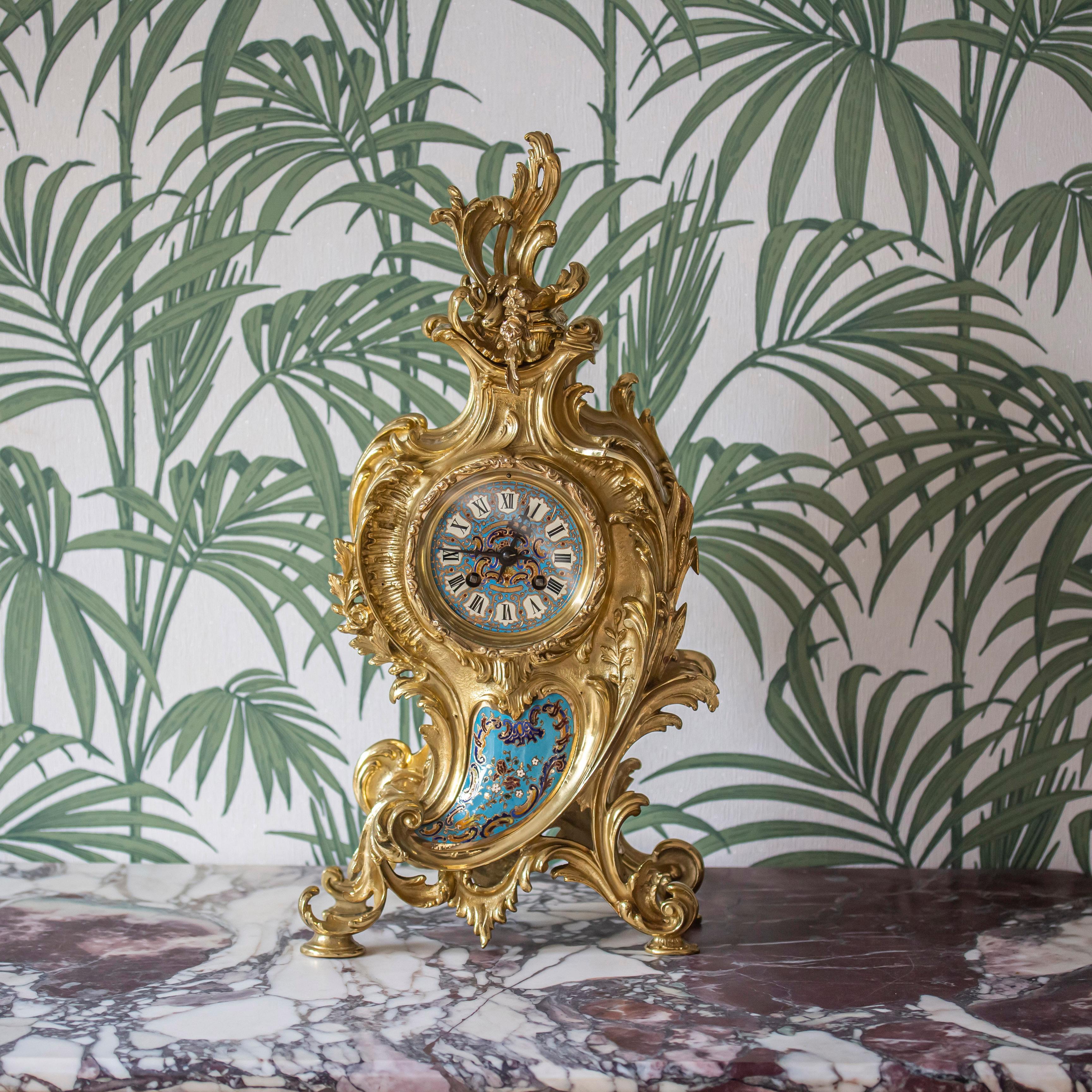 French Gilded & Champleve Clock Garniture In Good Condition For Sale In Newark, England
