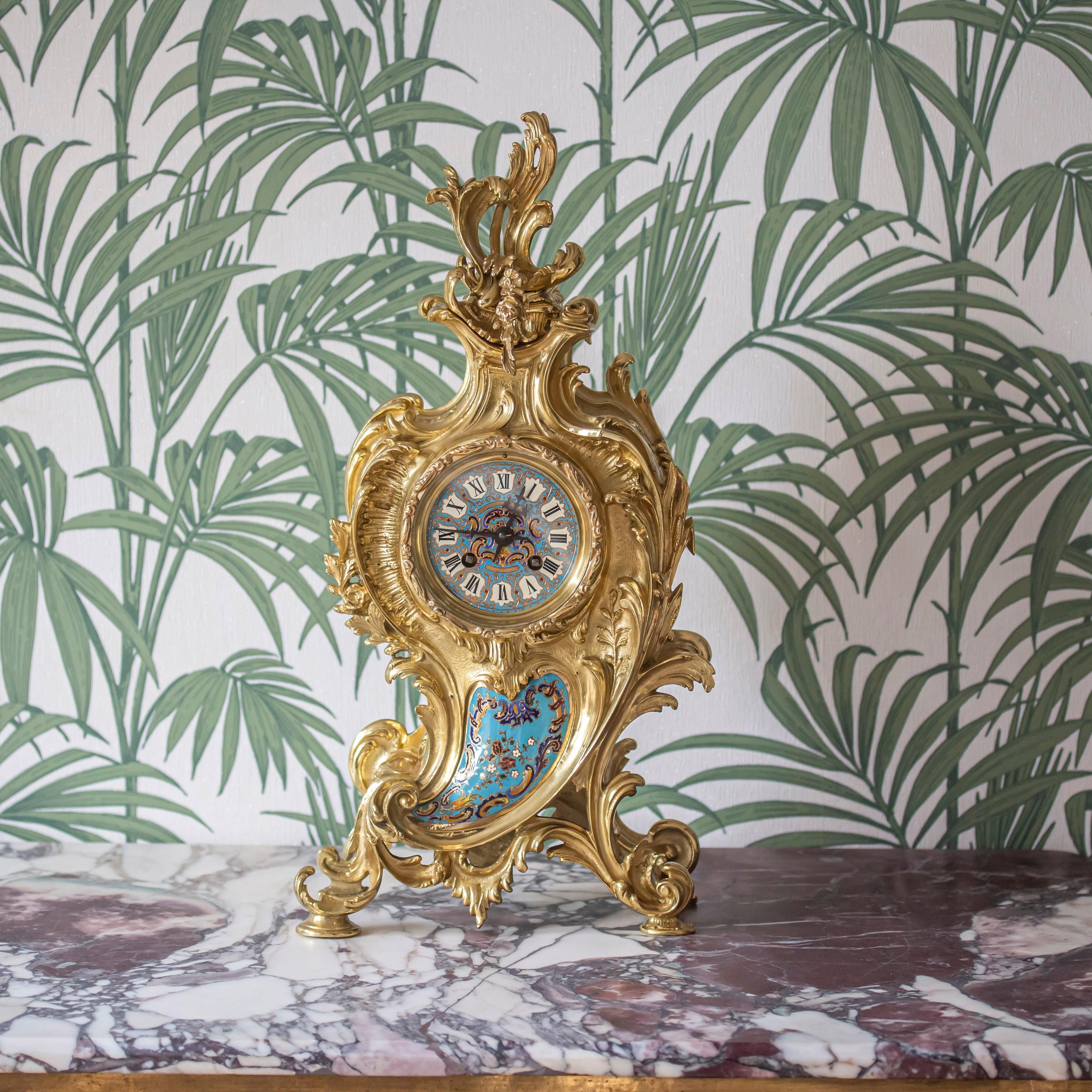 19th Century French Gilded & Champleve Clock Garniture For Sale