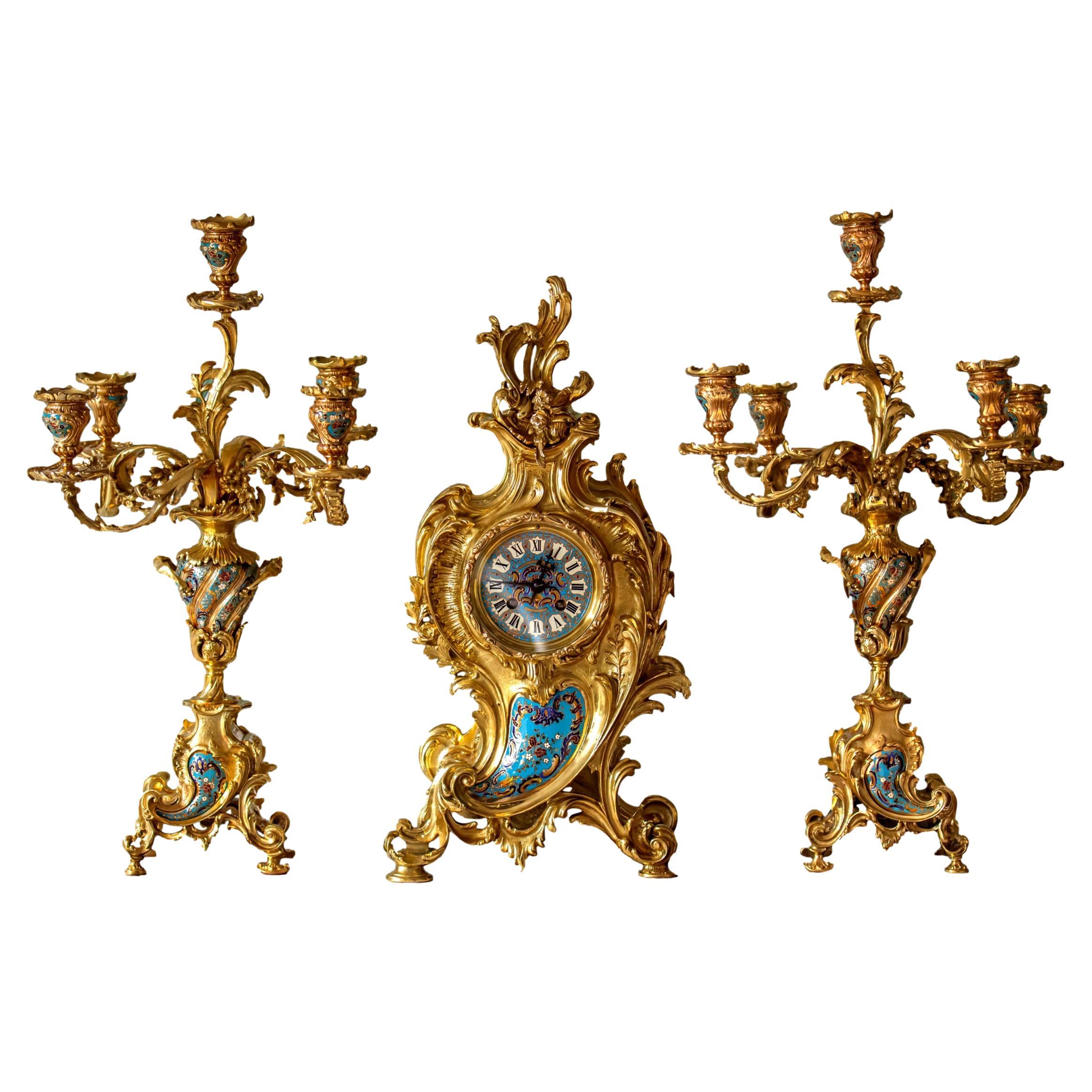 French Gilded & Champleve Clock Garniture