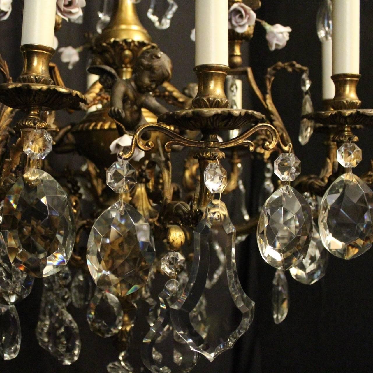 Baroque Revival French Gilded Cherub Bronze & Crystal Twelve-Light Antique Chandelier For Sale