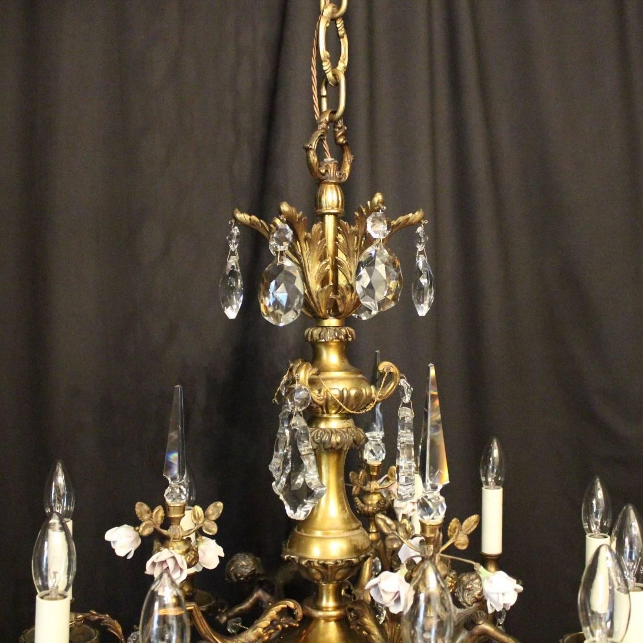 19th Century French Gilded Cherub Bronze & Crystal Twelve-Light Antique Chandelier For Sale