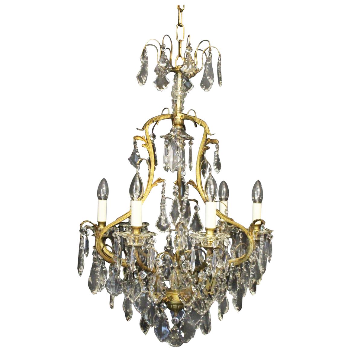 French Gilded & Crystal Seven-Light Birdcage Antique Chandelier