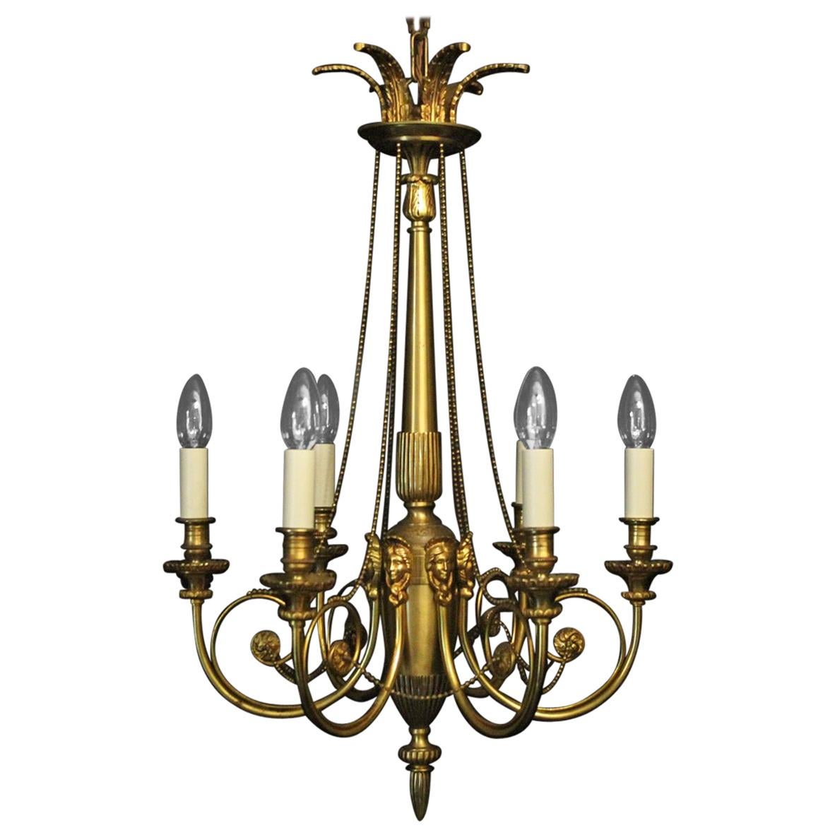 French Gilded Female Mask 6-Light Antique Chandelier