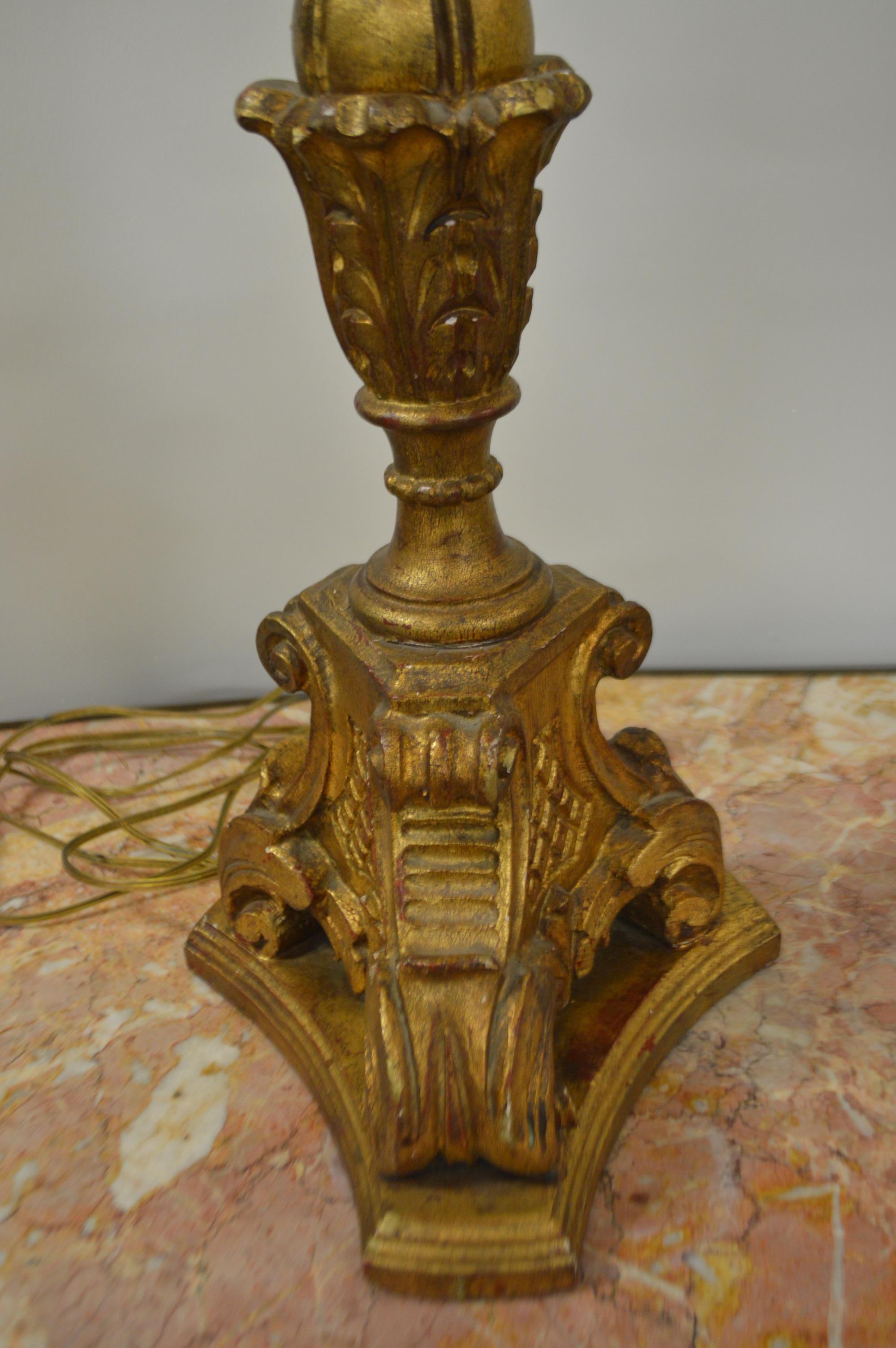 Classical Roman French Gilded Hand Carved Wooden Church Candelabra Converted in a Table Lamp For Sale