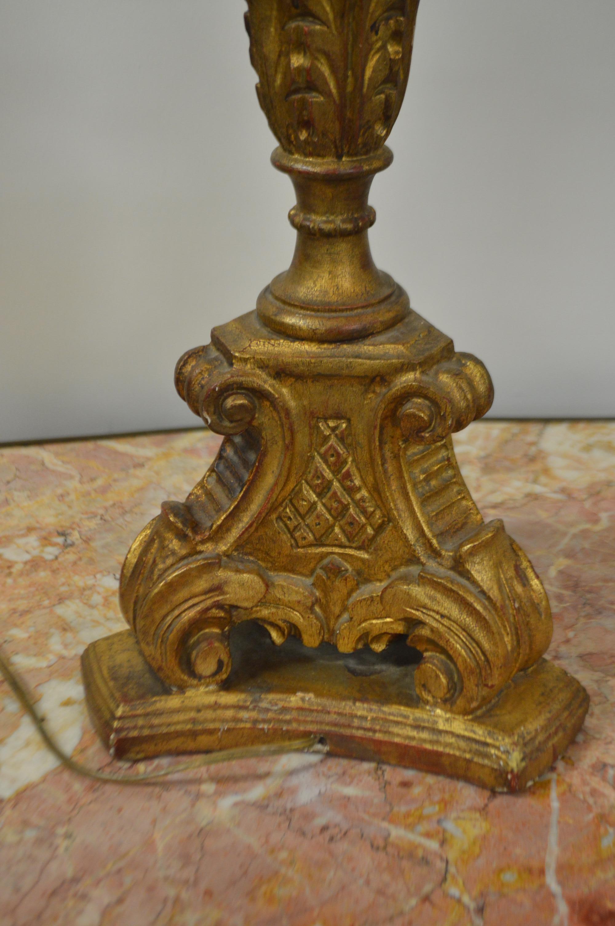 French Gilded Hand Carved Wooden Church Candelabra Converted in a Table Lamp In Good Condition For Sale In Oakville, ON