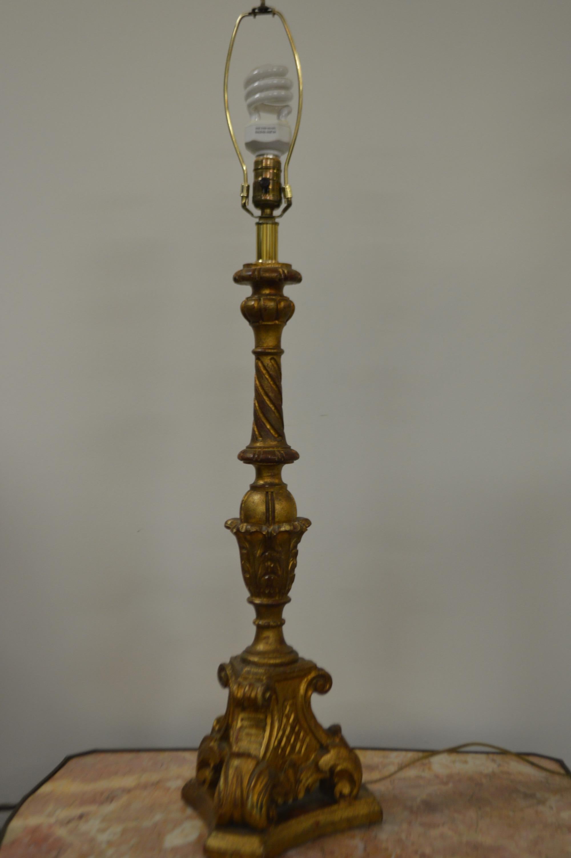 20th Century French Gilded Hand Carved Wooden Church Candelabra Converted in a Table Lamp For Sale
