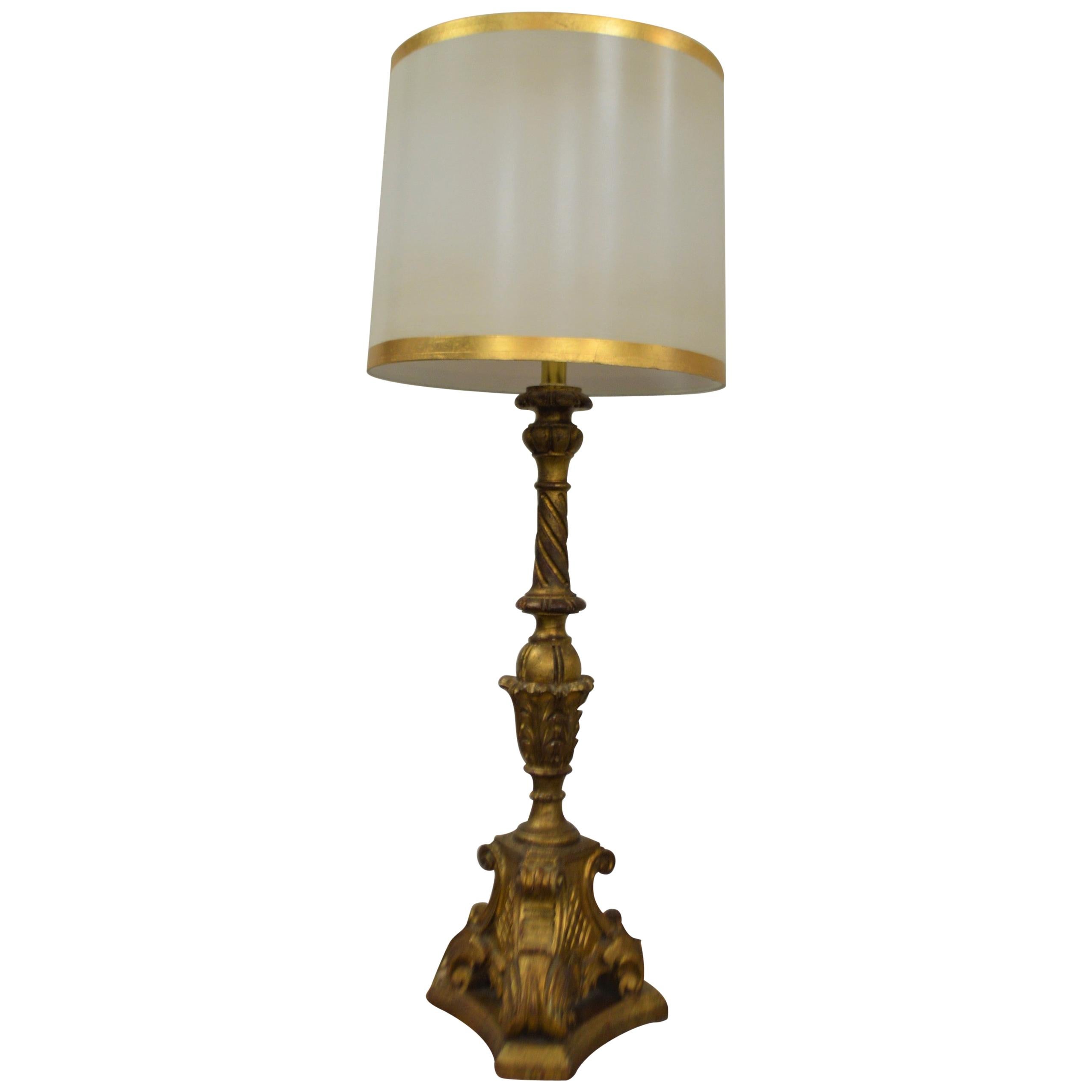 French Gilded Hand Carved Wooden Church Candelabra Converted in a Table Lamp For Sale