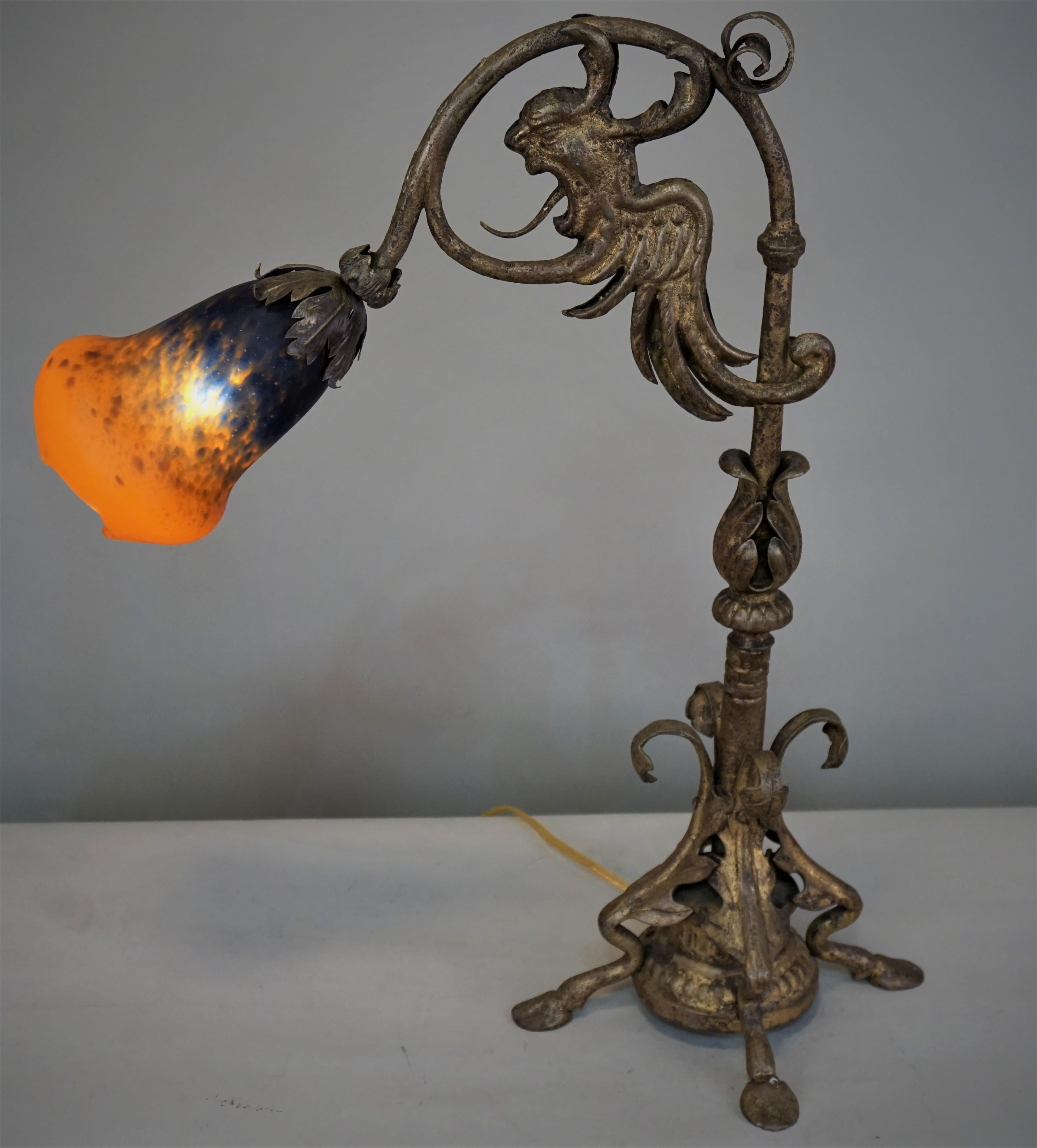 French Gilded Iron and Art Glass Table Lamp 1