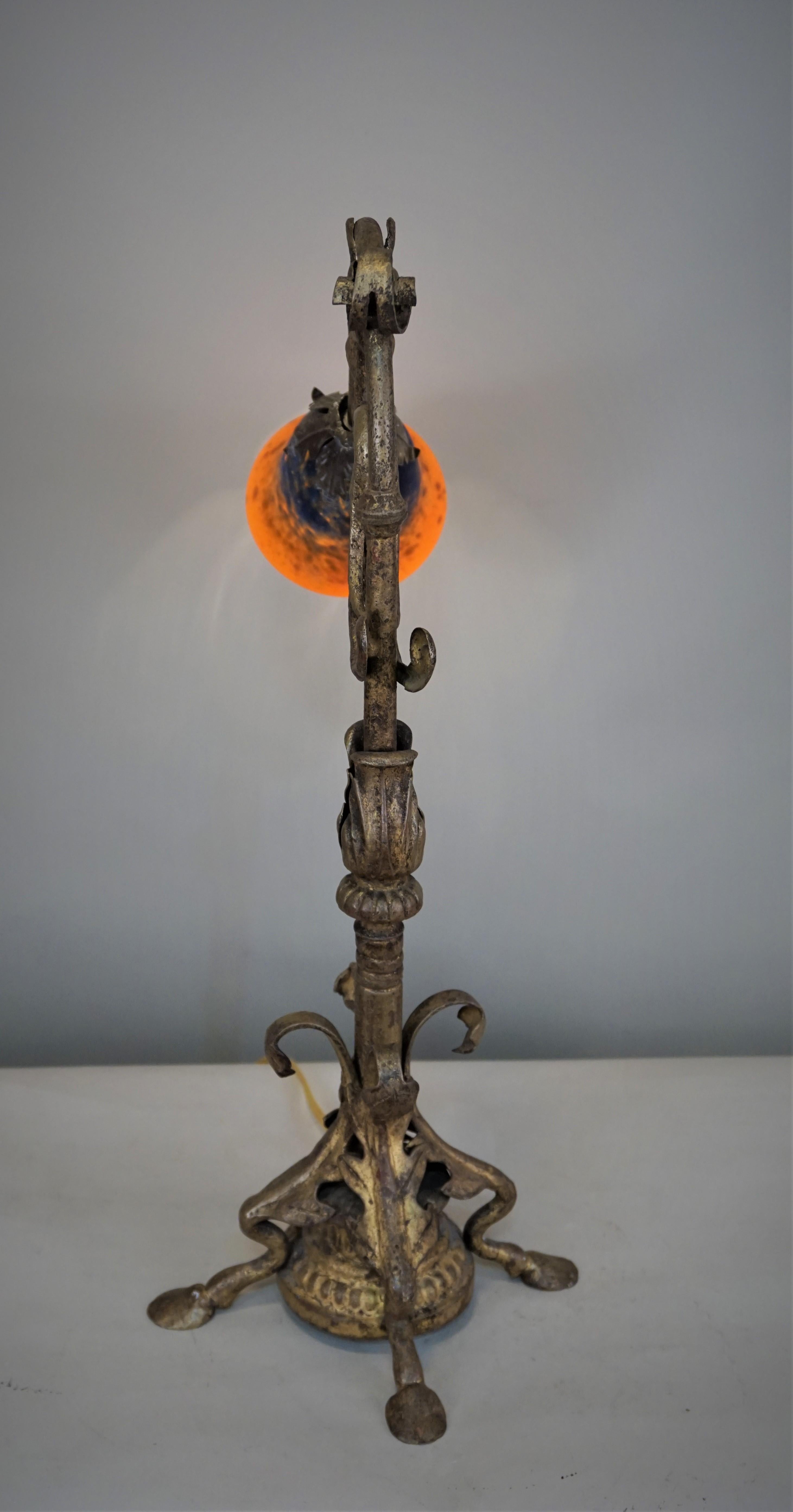 French Gilded Iron and Art Glass Table Lamp 3