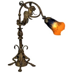 French Gilded Iron and Art Glass Table Lamp