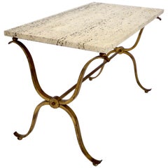 Maison Ramsay French Gilded Iron and Travertine Coffee or Side Table 1940s