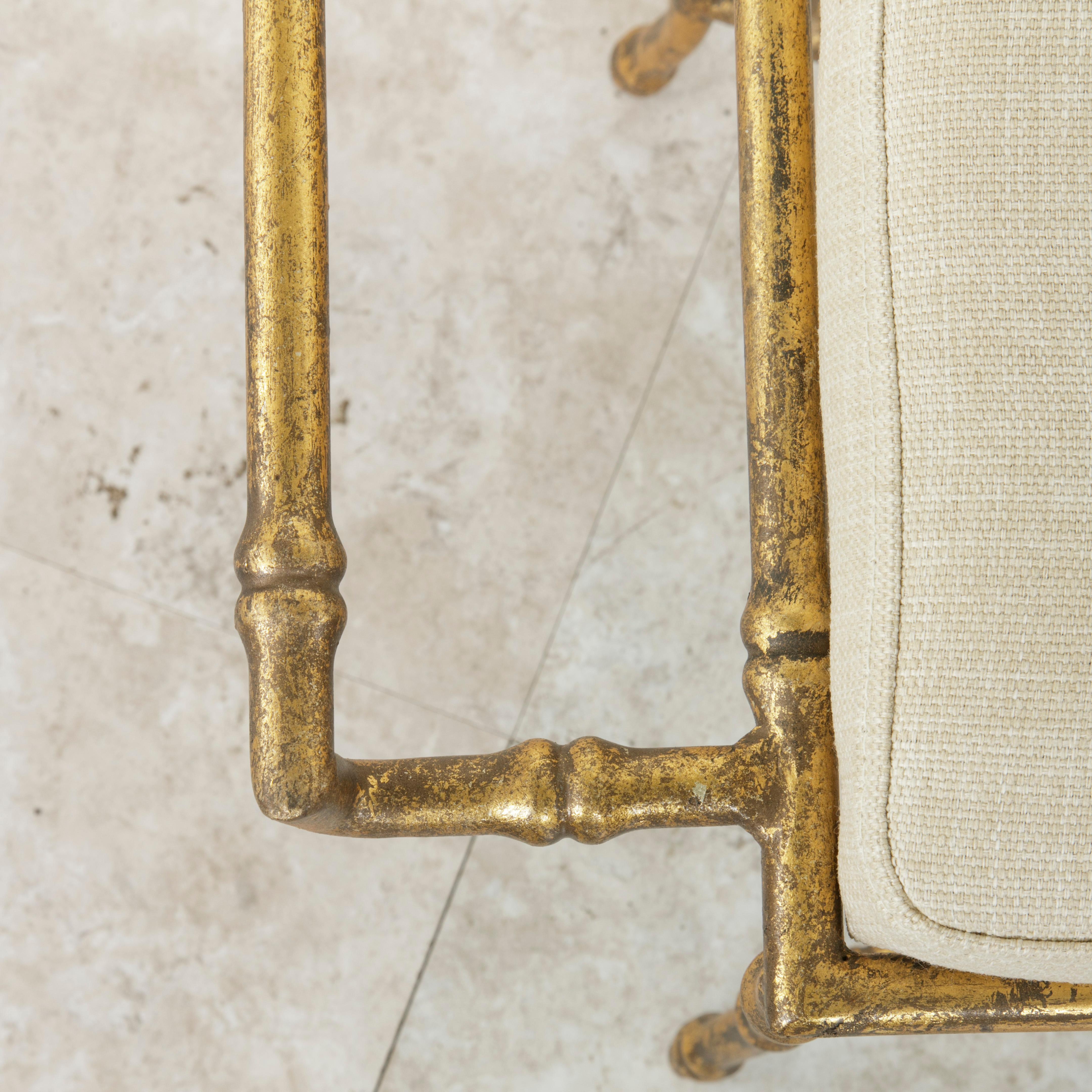 French Gilded Iron Banquette or Bench with Linen Upholstered Cushion 4