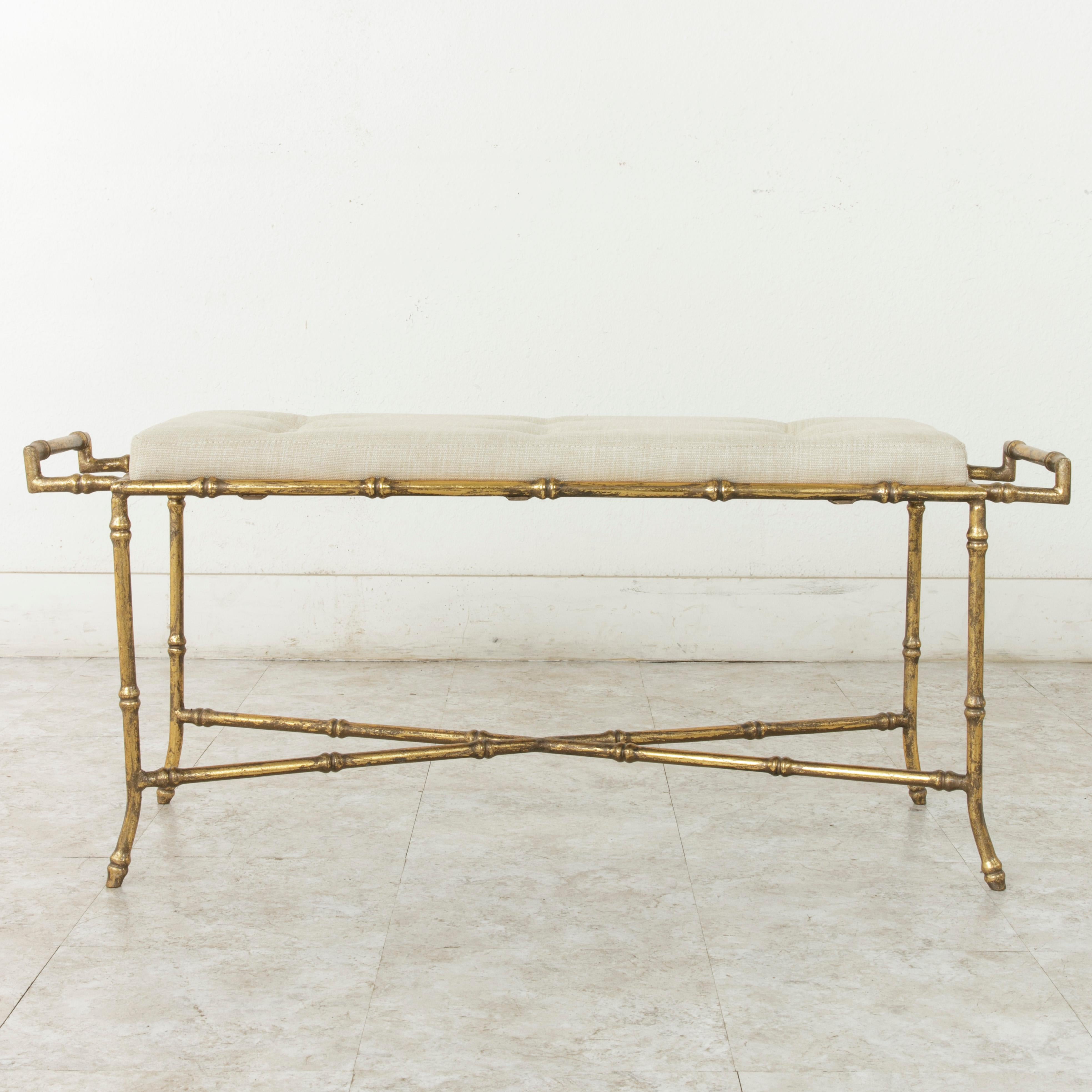 Mid-Century Modern French Gilded Iron Banquette or Bench with Linen Upholstered Cushion