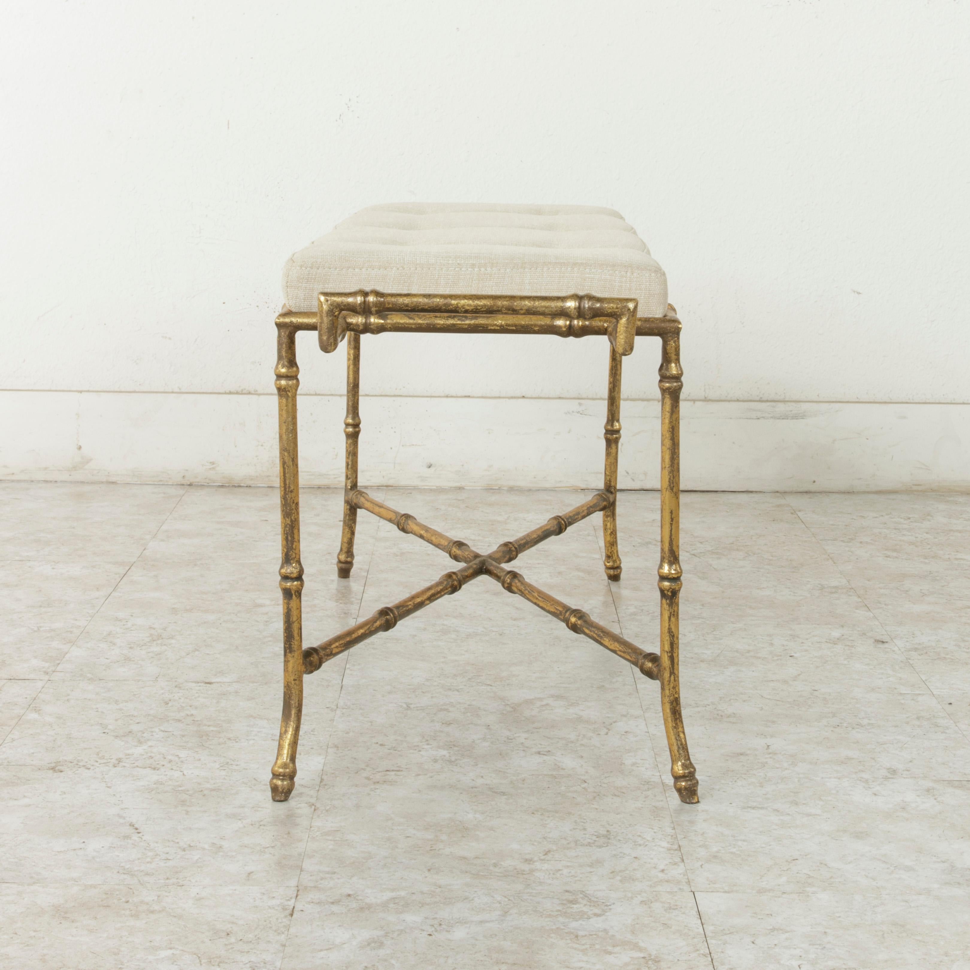 Gilt French Gilded Iron Banquette or Bench with Linen Upholstered Cushion