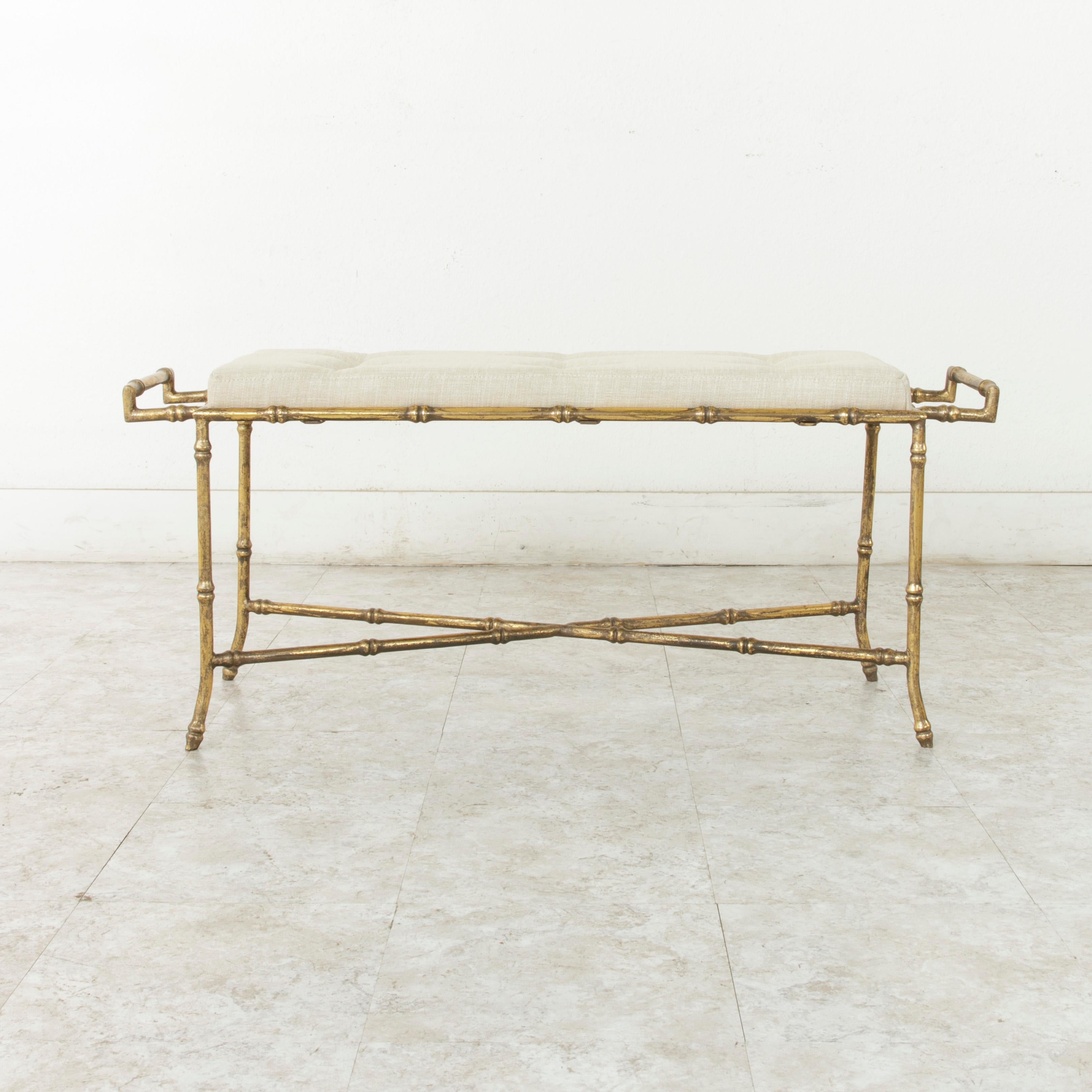 French Gilded Iron Banquette or Bench with Linen Upholstered Cushion In Good Condition In Fayetteville, AR