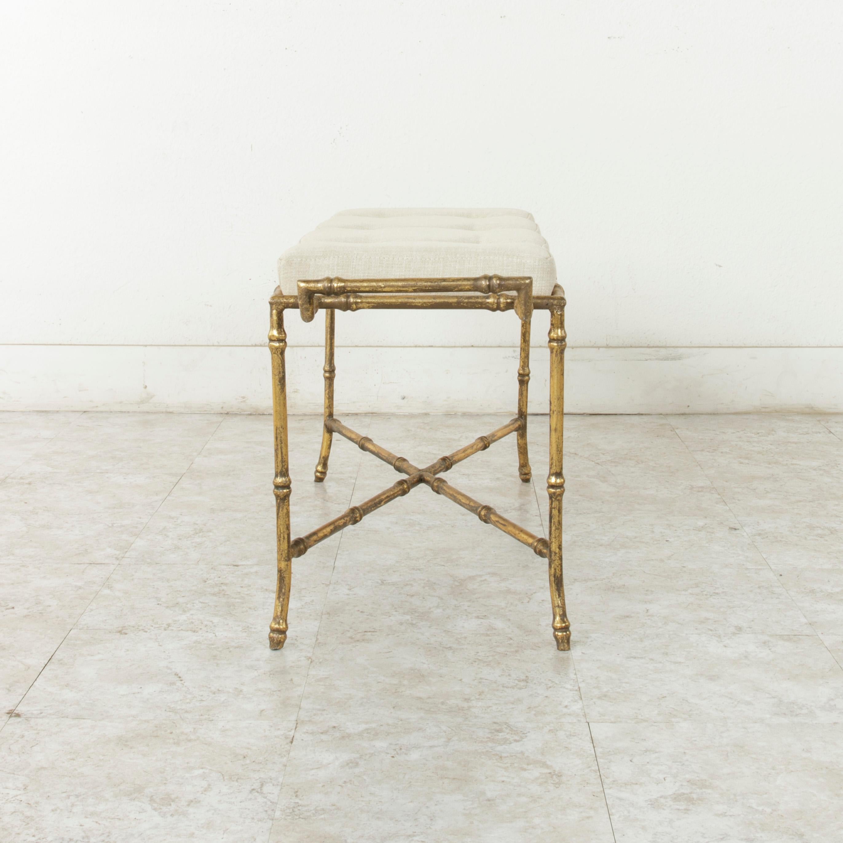 Contemporary French Gilded Iron Banquette or Bench with Linen Upholstered Cushion