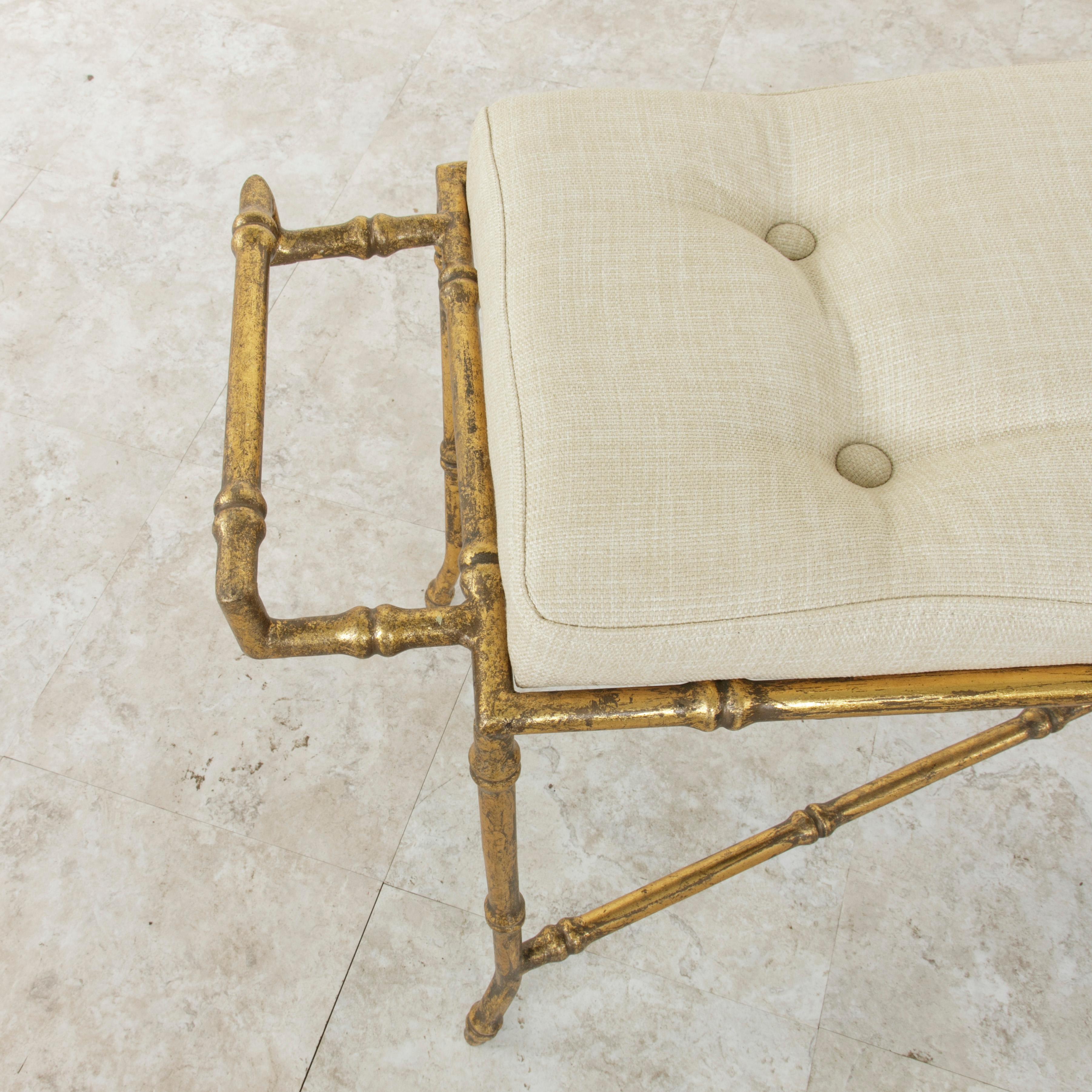 French Gilded Iron Banquette or Bench with Linen Upholstered Cushion 1