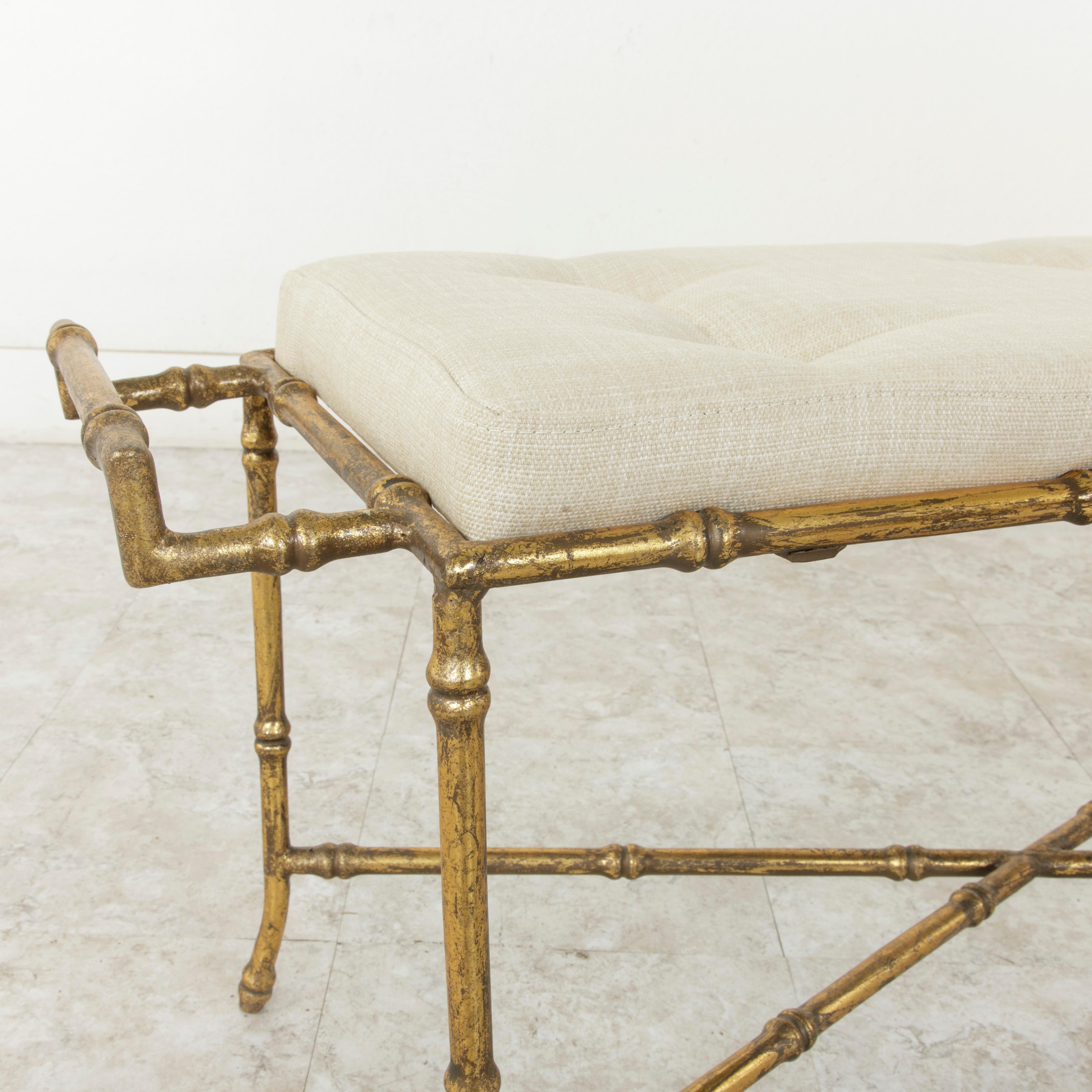 French Gilded Iron Banquette or Bench with Linen Upholstered Cushion 2