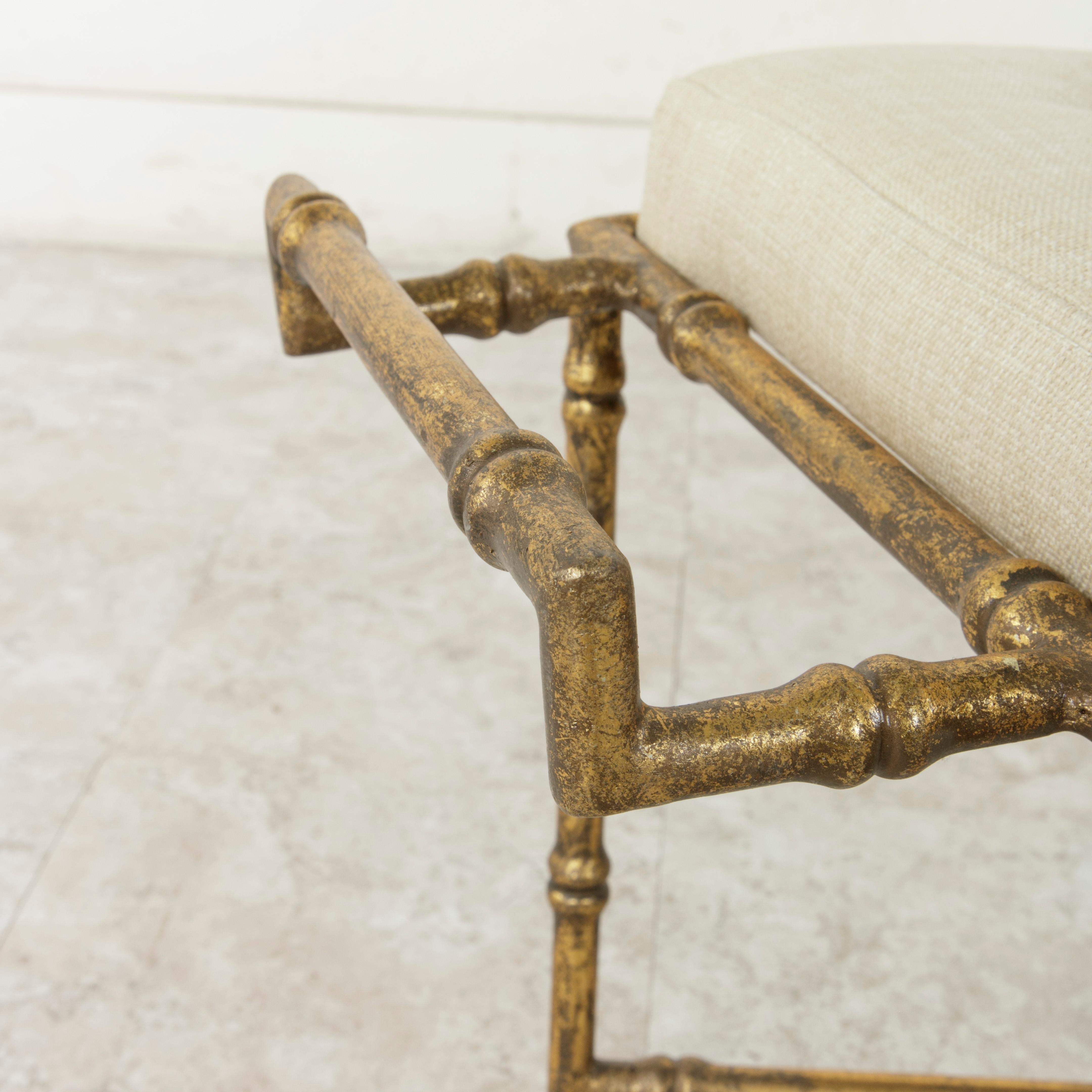 French Gilded Iron Banquette or Bench with Linen Upholstered Cushion 3