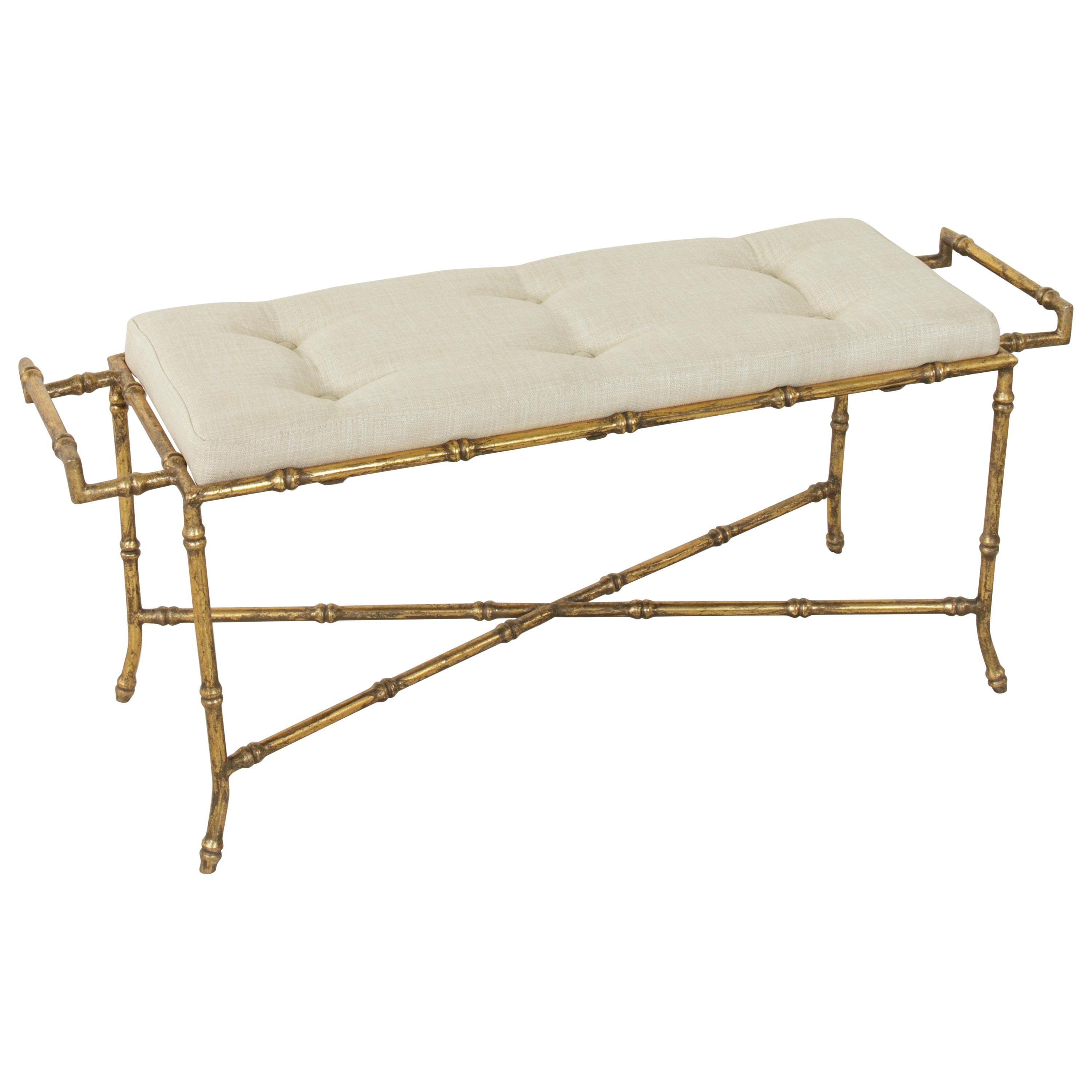 French Gilded Iron Banquette or Bench with Linen Upholstered Cushion