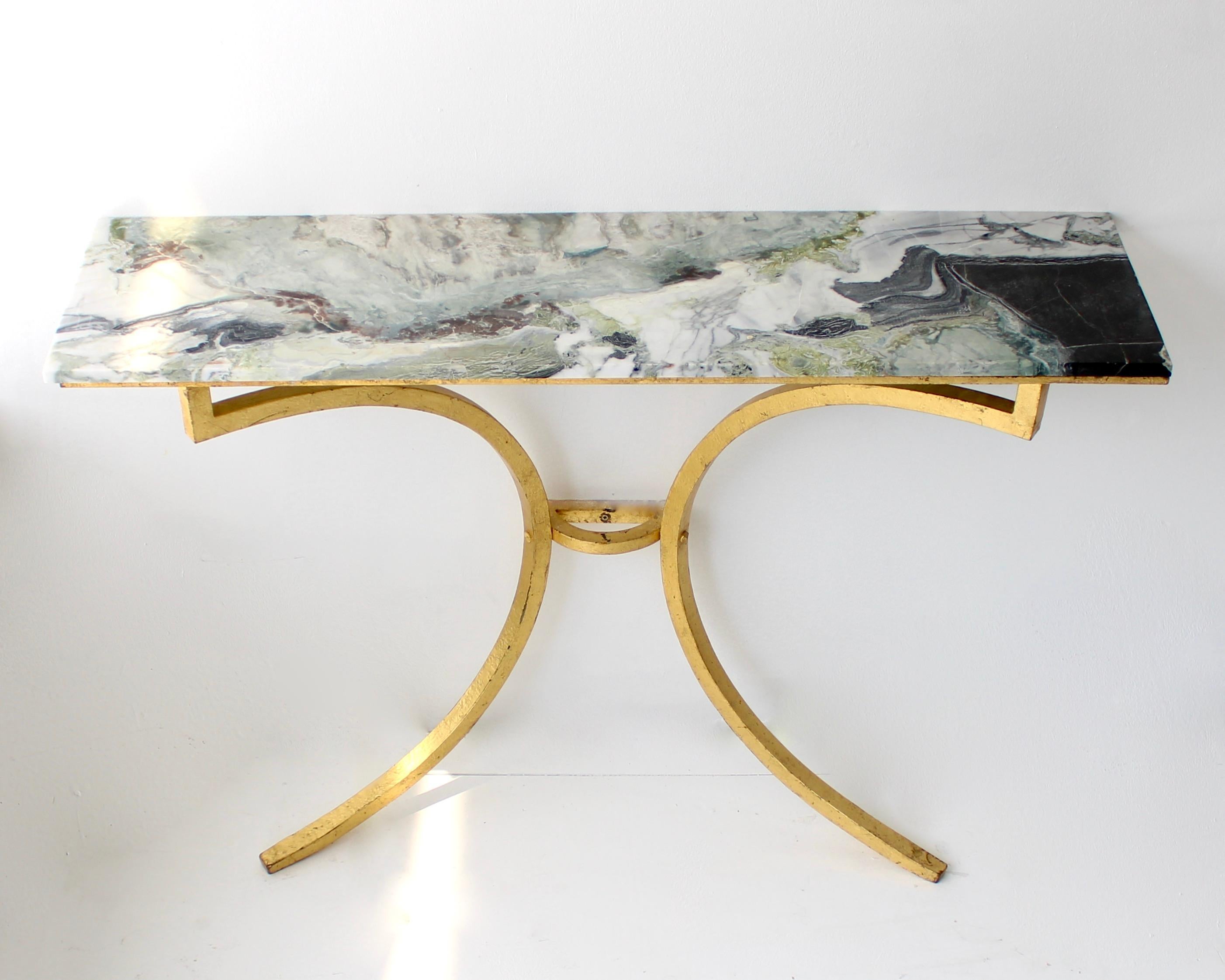 Mid-Century Modern French Gilded Iron Console with Marble Top by Roger Thibier 