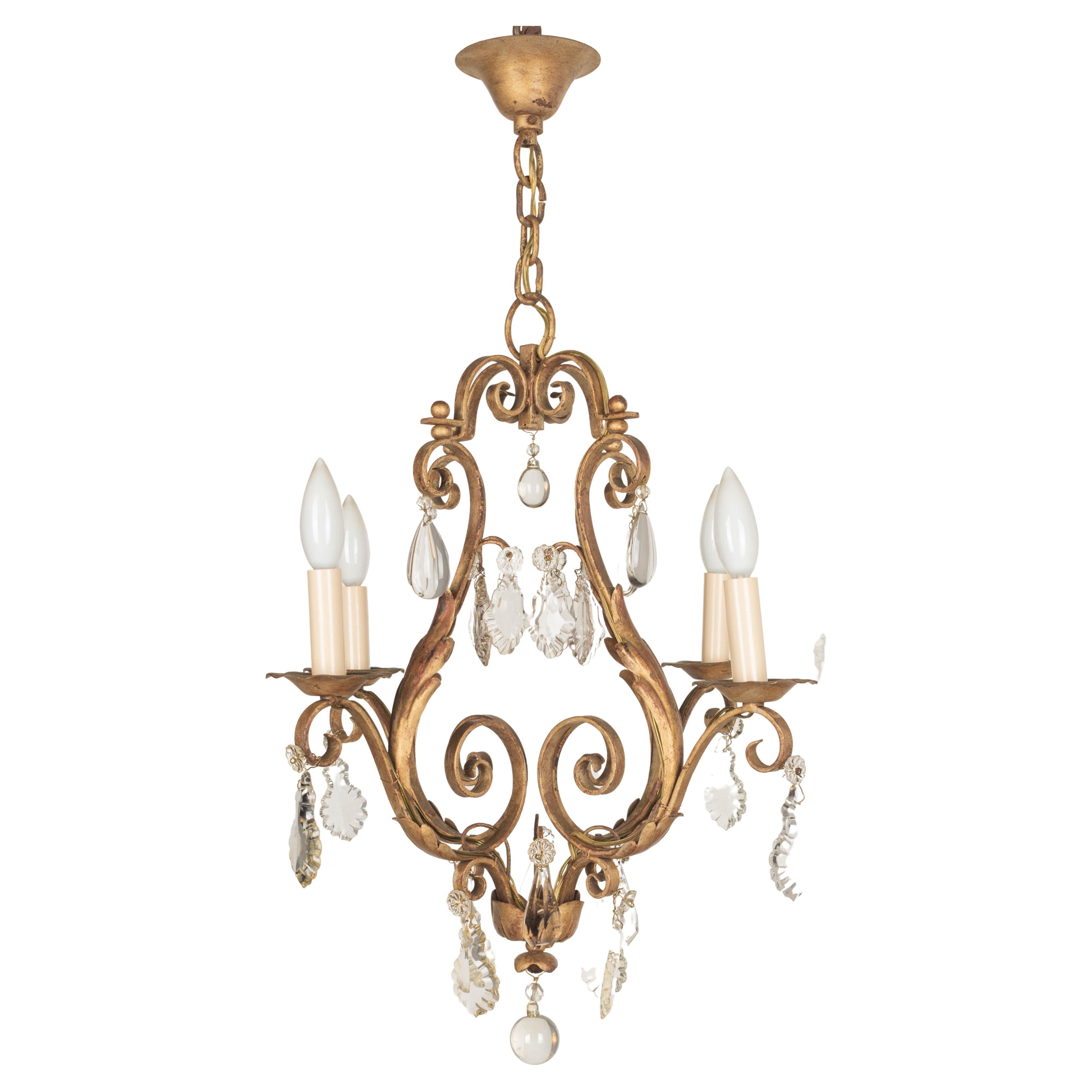 French Gilded Iron & Crystal Chandelier