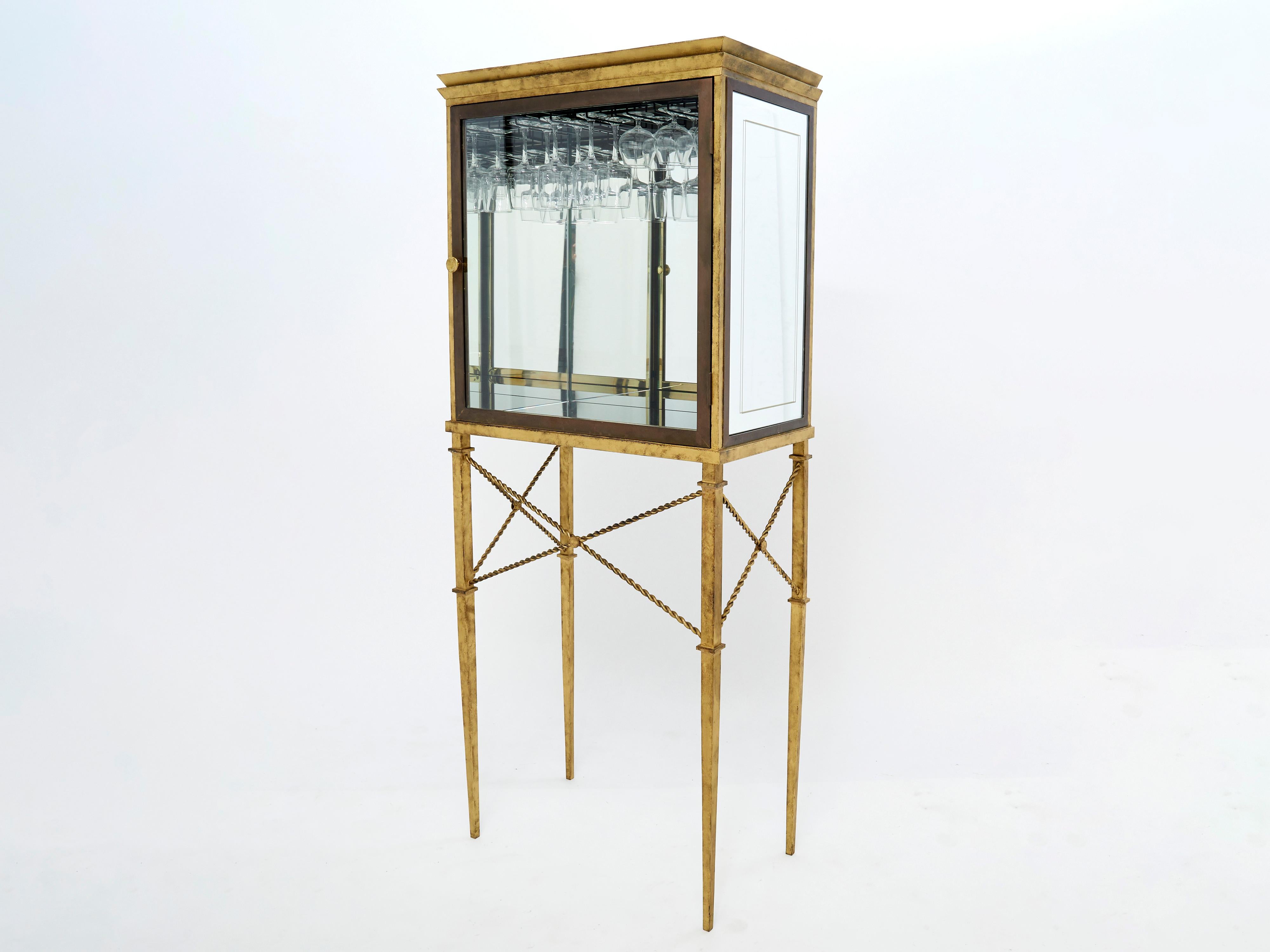 Early 20th Century French gilded iron mirrored and brass bar cabinet vitrine 1920s For Sale