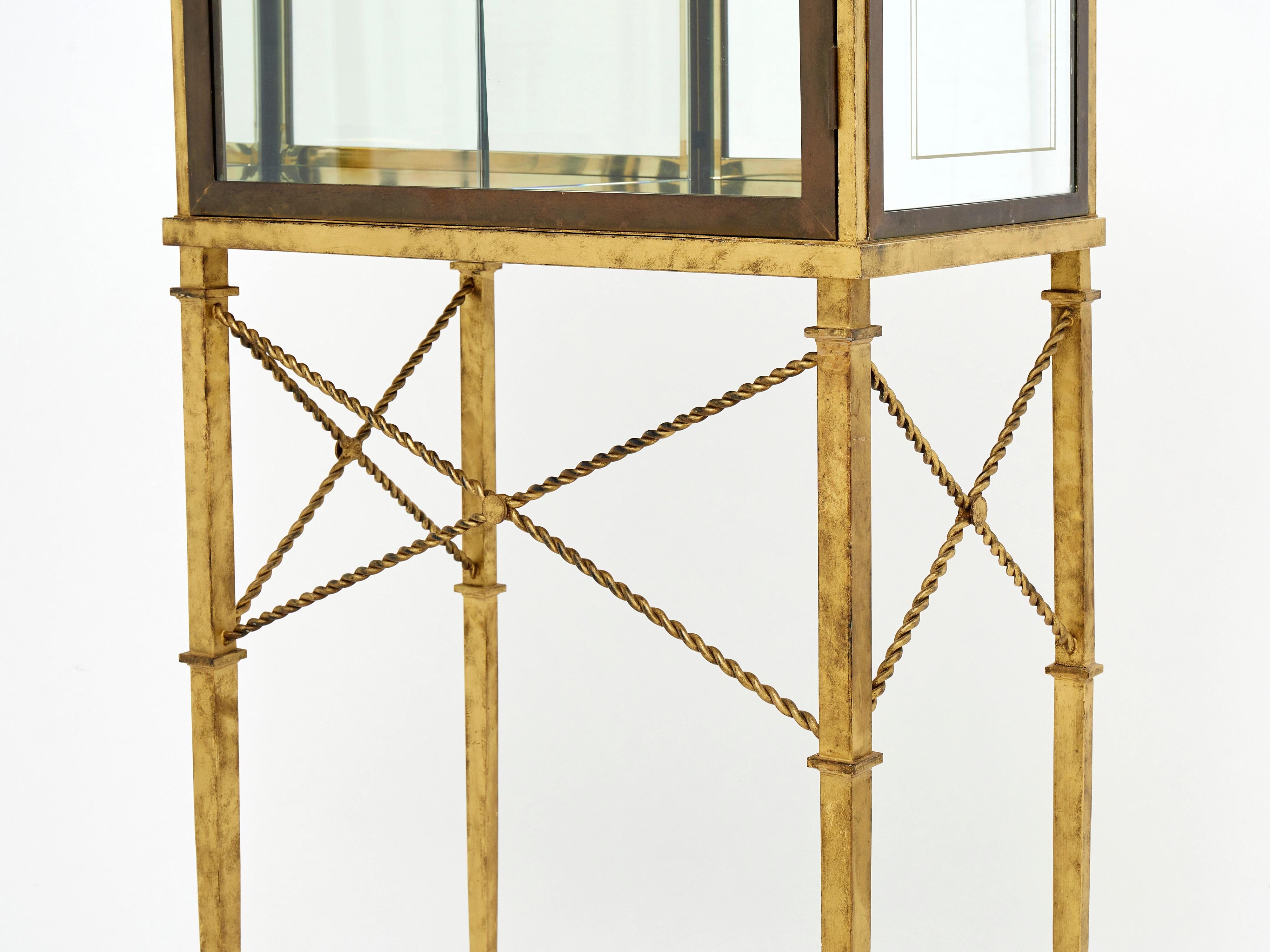 Brass French gilded iron mirrored and brass bar cabinet vitrine 1920s For Sale