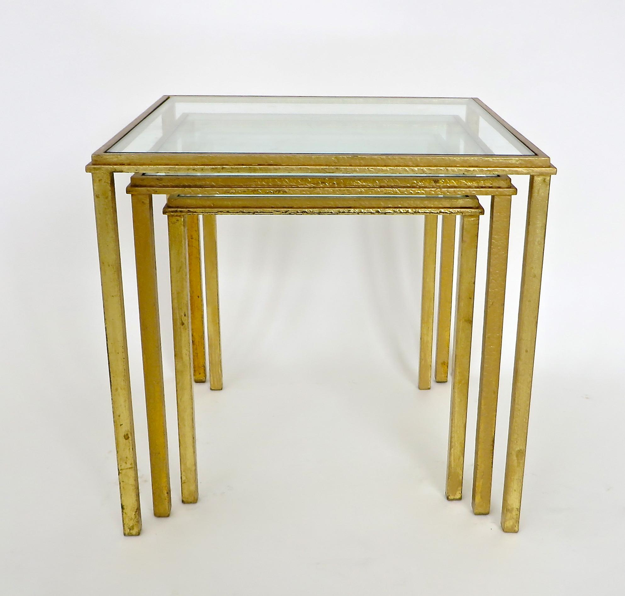 Gilt French Gilded Iron Nesting Tables by Roger Thibier circa 1960 Set of Three For Sale