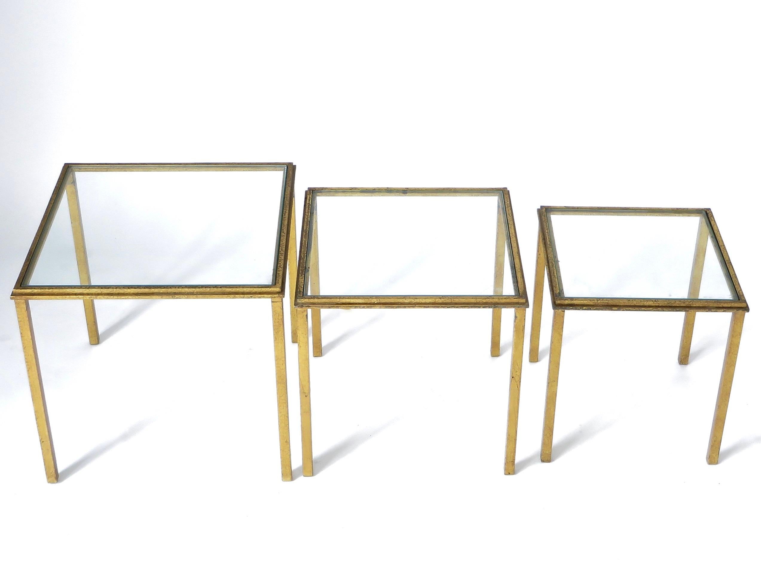 Glass French Gilded Iron Nesting Tables by Roger Thibier circa 1960 Set of Three For Sale