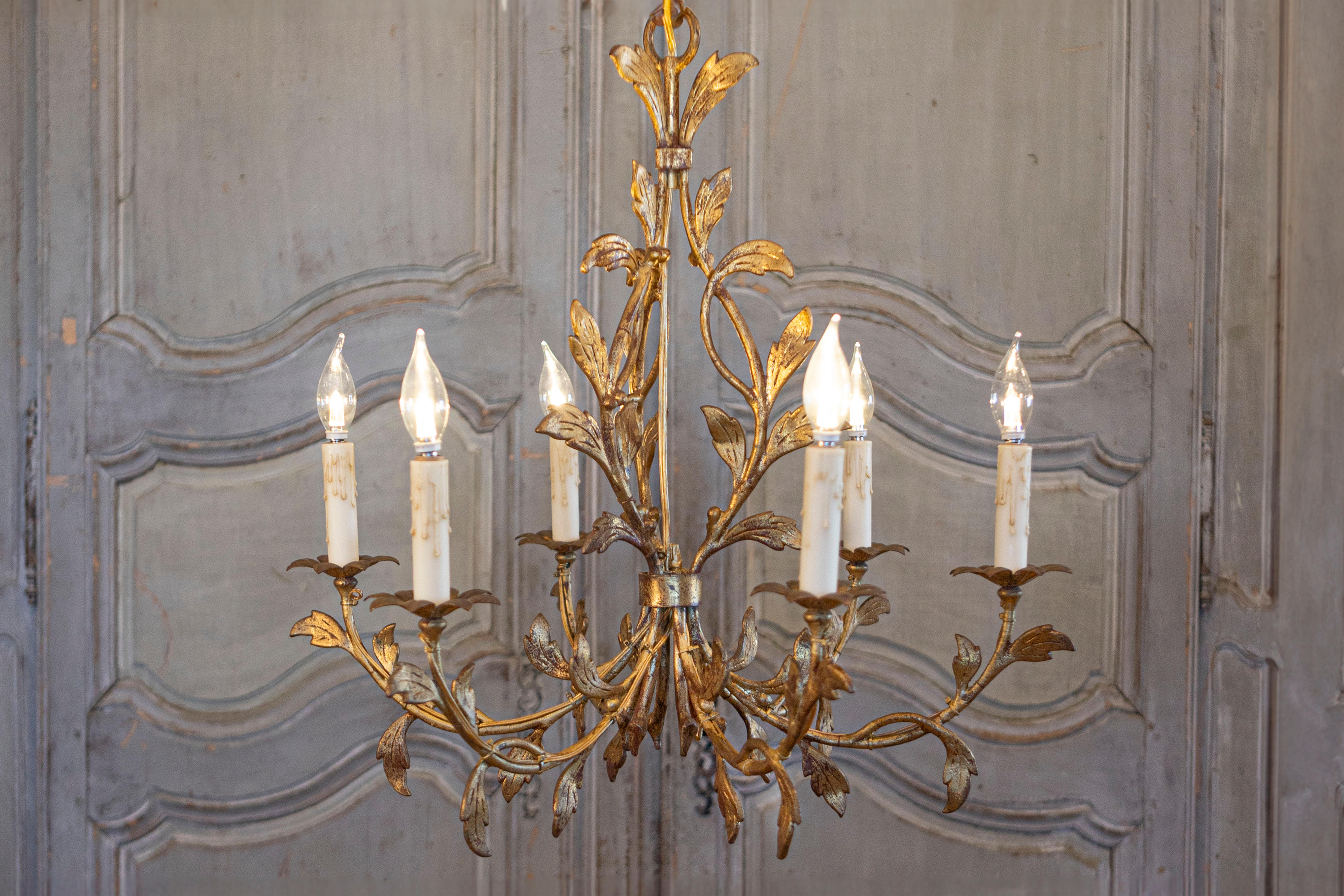 Gilt French Gilded Iron Six-Light Chandelier with Foliage Motifs, Rewired for the USA For Sale
