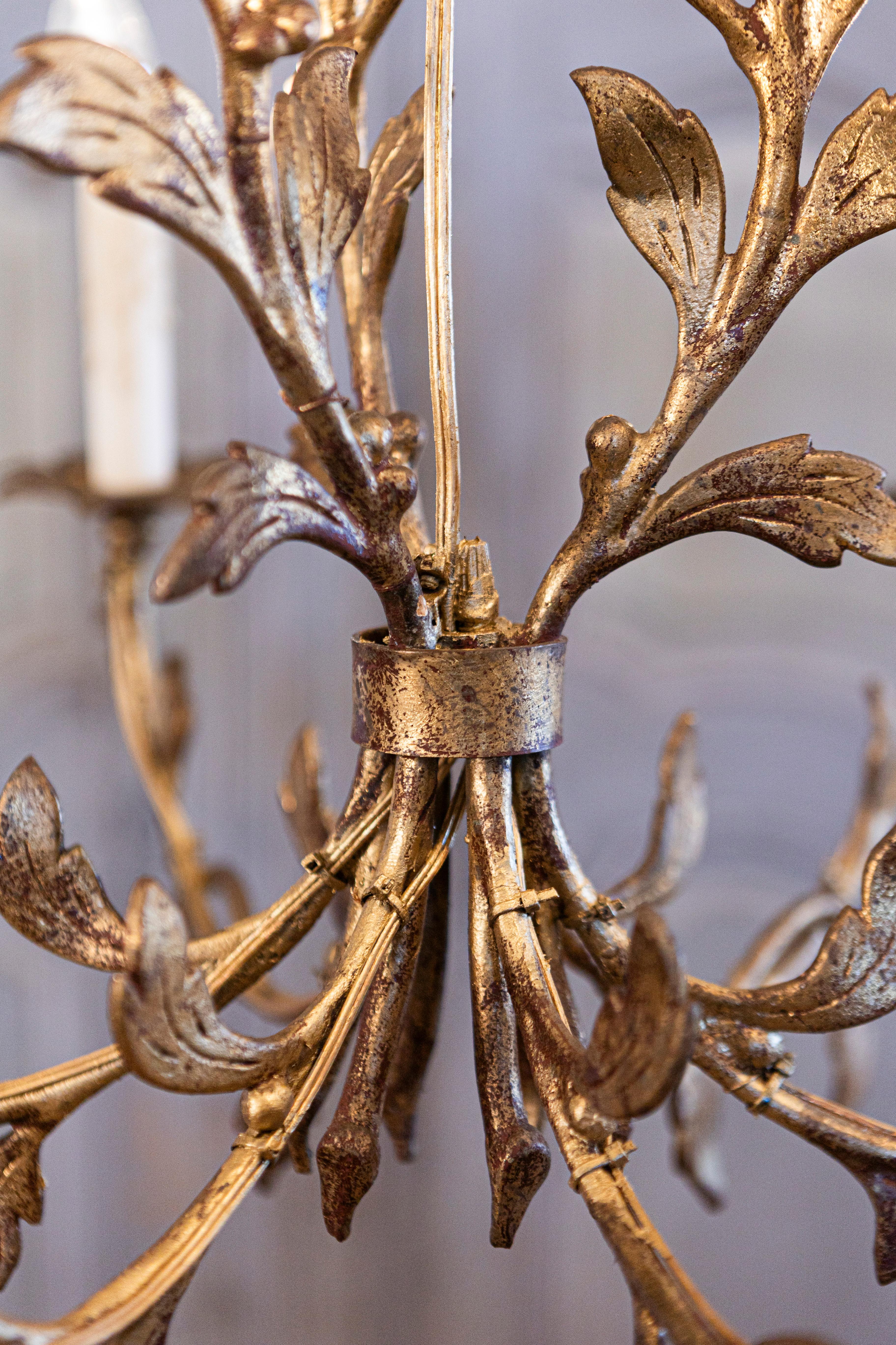 20th Century French Gilded Iron Six-Light Chandelier with Foliage Motifs, Rewired for the USA For Sale