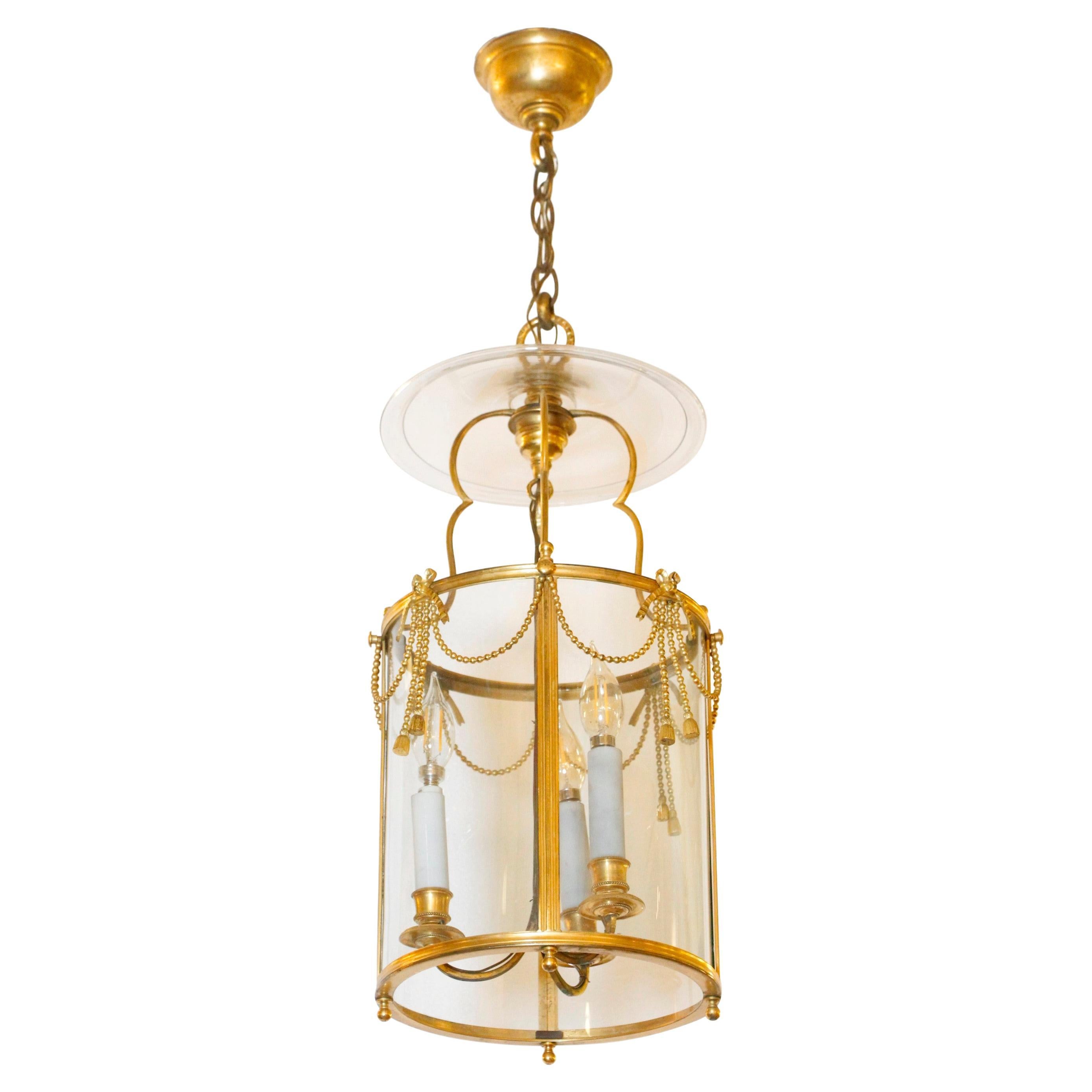 French Gilded Lantern Light - 3-Arms w/ Tassels & Ribbons For Sale