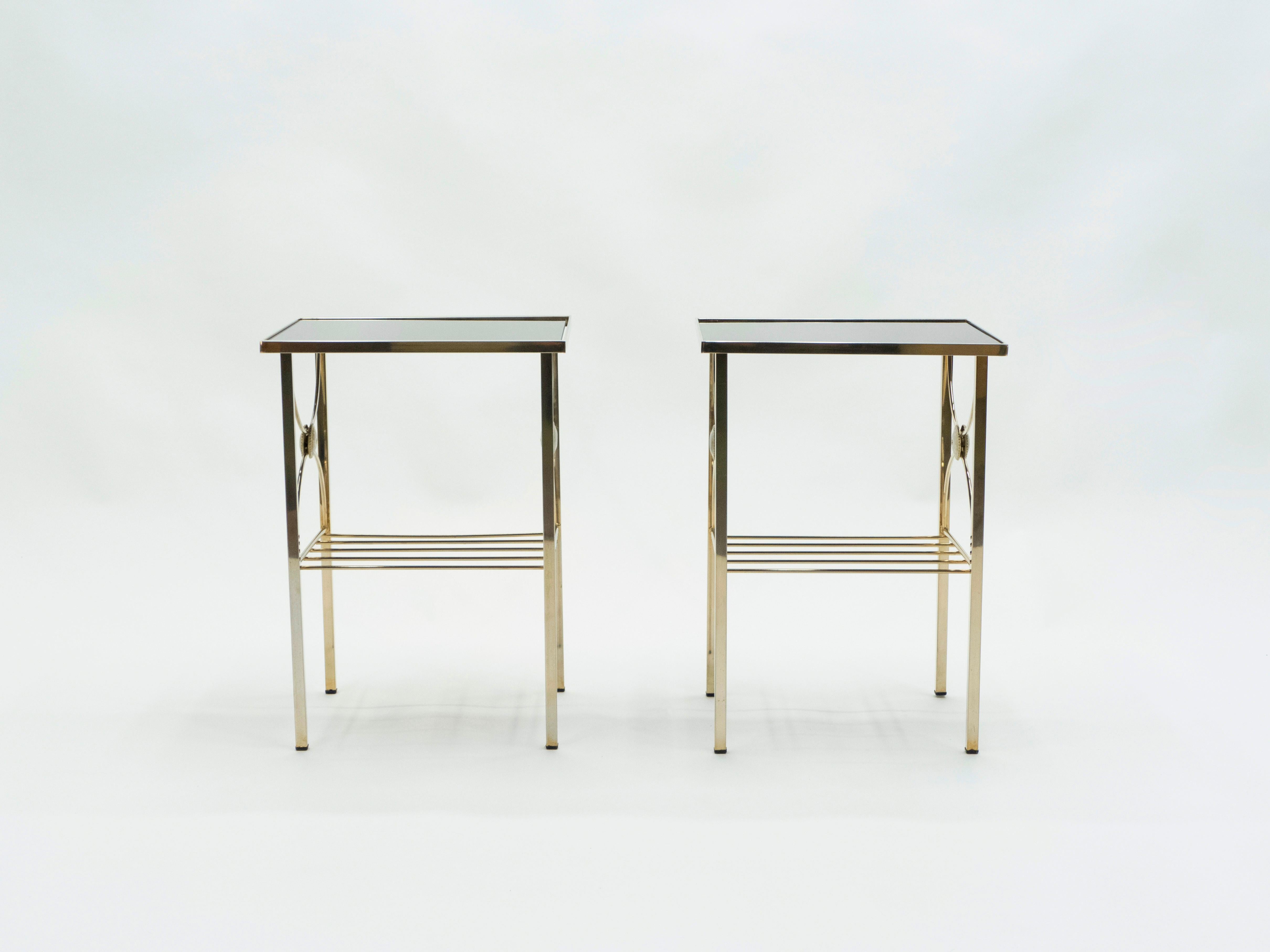 French Gilded Metal and Black Opaline Glass End Tables, 1960s For Sale 7